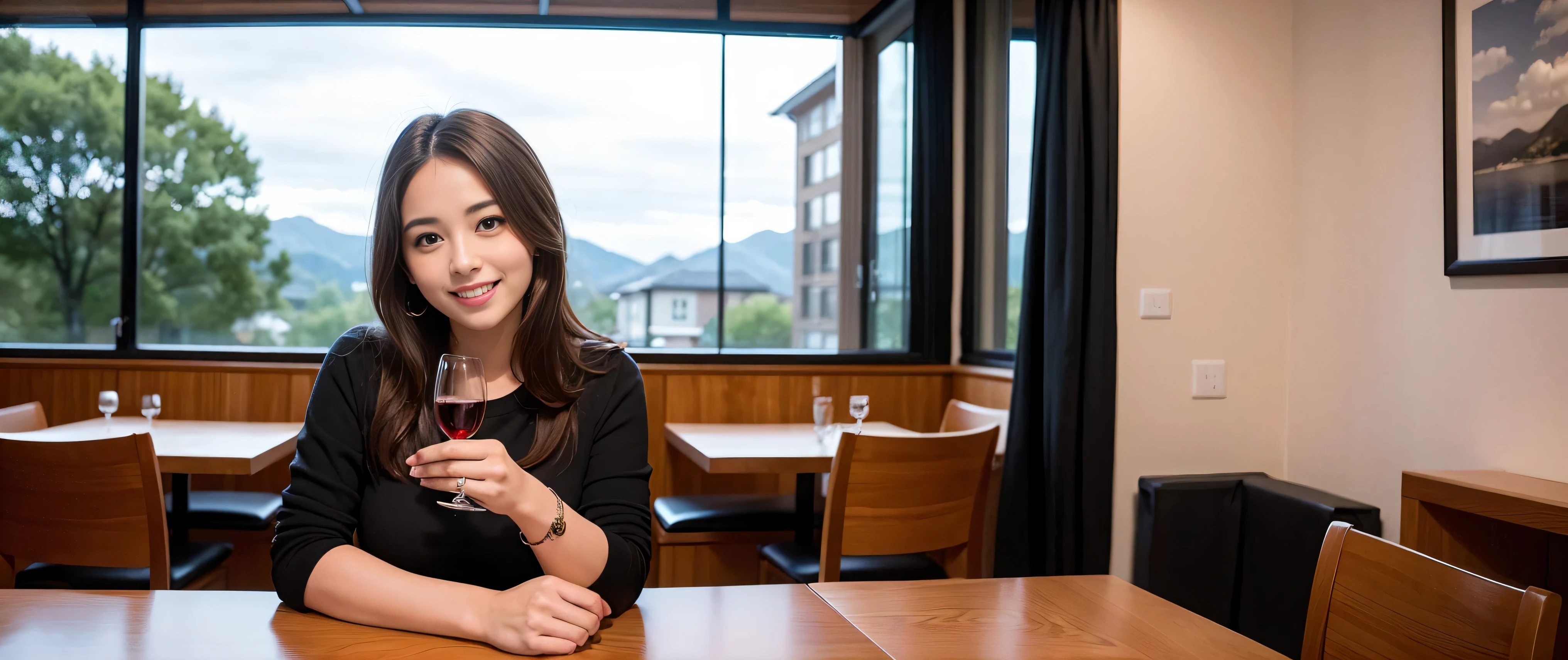 64k, Hmm, highest quality, masterpiece: 1.2), (realistic, photorealistic: 1.37), Spectacular view of the sunset sky and clouds、Amazing mountain views、slimな美女3名, (slimフェイス),Happy、 最高なsmile、Fox face、Berry Short、(because I&#39;thin), (brown hair), (shortcut), long sleeve shirt、winter fashion、Colombian、Brazilian、Japanese、Dutch、German、Portuguese、Belgian、Italian、French,Champagne、sparkling wine、 (squirt), (slimボティ), (brown hair), (shortcut), neat beauty、cheeks turn a little red, (35 years old), 38 years old, alone, A beautiful and detailed night view spreads out outside the window....., restaurant, wine glassが座っている, At night, in a prominent place (from the Upper body) nova frog style, actress, model, Upper body, White wine, slim, wine glass, Very beautiful night view, wine glass Put in the Middle, Happy smile, (smile: 1.15), 