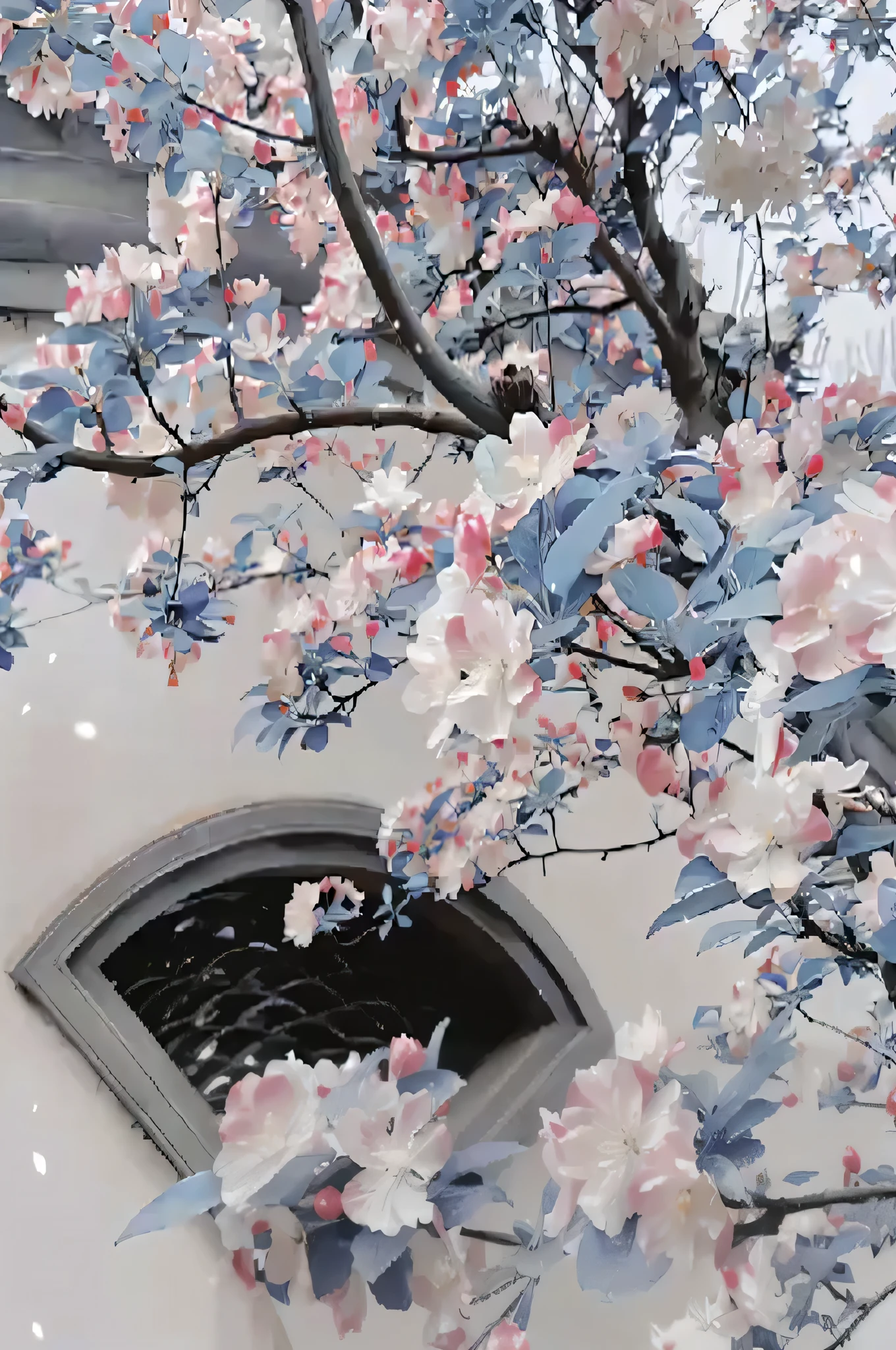 There is a tree in front of the building，Blooming pink and white flowers, Beautiful and beautiful, beautiful aesthetic, Nature and floral aesthetics, flowering, Detailed trees blooming, blooming flowers, beautiful aesthetic art, Dream aesthetics, Surreal Flower of Wisdom, flowering, falling cherry flowering pedals, flowers bloom, season!! : 🌸 ☀ 🍂 ❄, this is beautiful, cherry blossom season