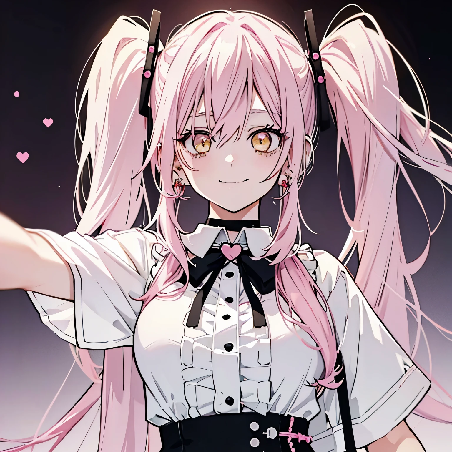 1 girl twintails hair, long hair, pink hair, yellow eyes anime, medium breasts, medium ass, Hairpins, Choker, big smile, happy face, Standin, Detailed white shirt, silver skirt, long heart-shaped earrings, ultra detailed, 8K wallpaper, realistic, simple white background, taking a selfie, 