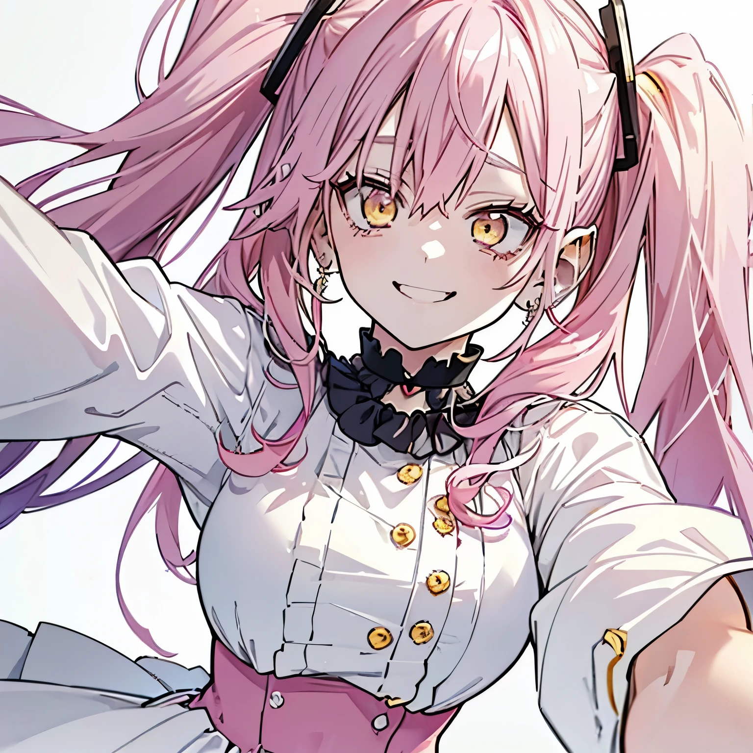 1 girl twintails hair, long hair, pink hair, yellow eyes anime, medium breasts, medium ass, Hairpins, Choker, big smile, happy face, Standin, Detailed white shirt, silver skirt, long heart-shaped earrings, ultra detailed, 8K wallpaper, realistic, simple white background, taking a selfie, 