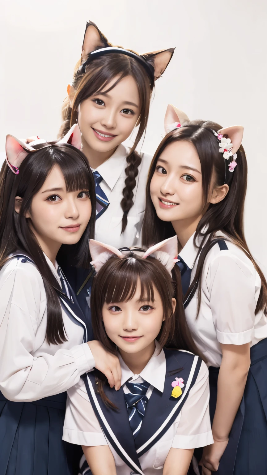 multiple girls, light smile, harem, group picture, cat ears, school uniform, white background,(Japanese idle:1.6)