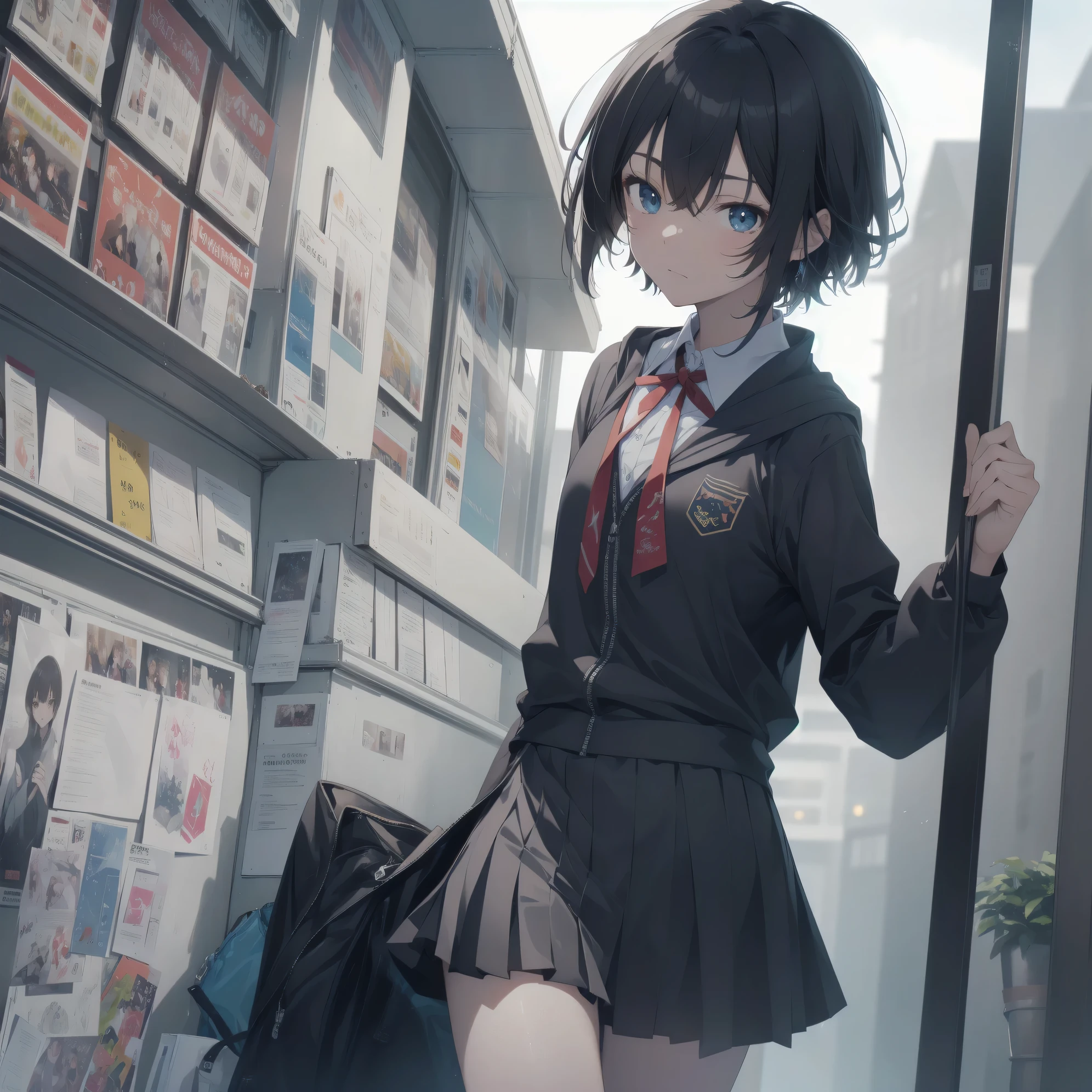 Super absurd quality by the god of art, super detailed, High resolution, anime moe art style, Best Anime 8K Kona-chan Wallpaper, pixiv contest winner, perfect anatomy, break, (眠そうにalone学校へ行く女の子を描いてください. )break,1 girl, (alone,little woman, cute face, 13 years old:1.3),All limbs, full finger,, The charm of an immature body, (very_short hair), shortcut, Bang, flat chest, small ass, between legs, small black eyes, detailed and beautiful eyes, Well-proportioned iris and pupils, expressive eyes, High resolutionの詳細な髪, neck ribbon, shirt, collared shirt, skirt, pleated skirt, school uniform, (detailed lighting), (detailed background), On the way to school. break,super dense skin, Best cinematic lighting powered by famous artist, 8k,Beauty Illustration,photoshop_(Moderate),Absurd Hi-Res,Hmm,rough skin,break,((artist:Fujiyama)), artist:Fujichoko,artist:Yamamoto_Soichiro,artist:hanekoto