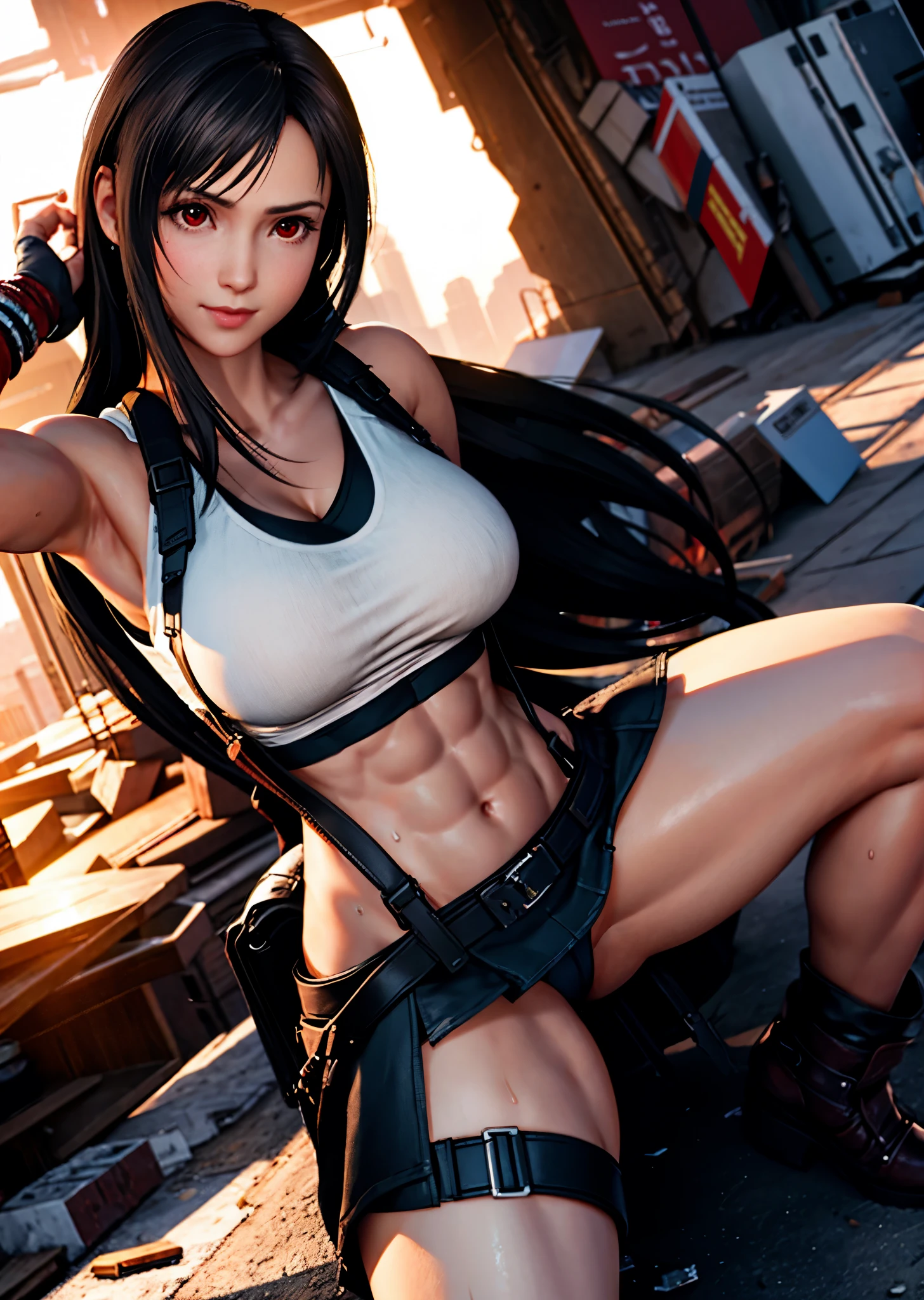 (realistic: 1.4), highest quality, very delicate and beautiful, High resolution, 1 girl, Tifa_lock heart, smile, cowboy shot, suspenders, low rise, mini skirt, Tank top, nervous shirt, black hair, long hair, elbow bag, beautiful detailed red eyes, face light, movie lighting, belly button, High exposure, exposure of the abdomen, rib, abs, big breasts, dynamic pose, dynamic angle, (abs:1.3), (muscular:1.5), arms behind head, spread legs, squatting, embarrassing, sweat, restrained by chains