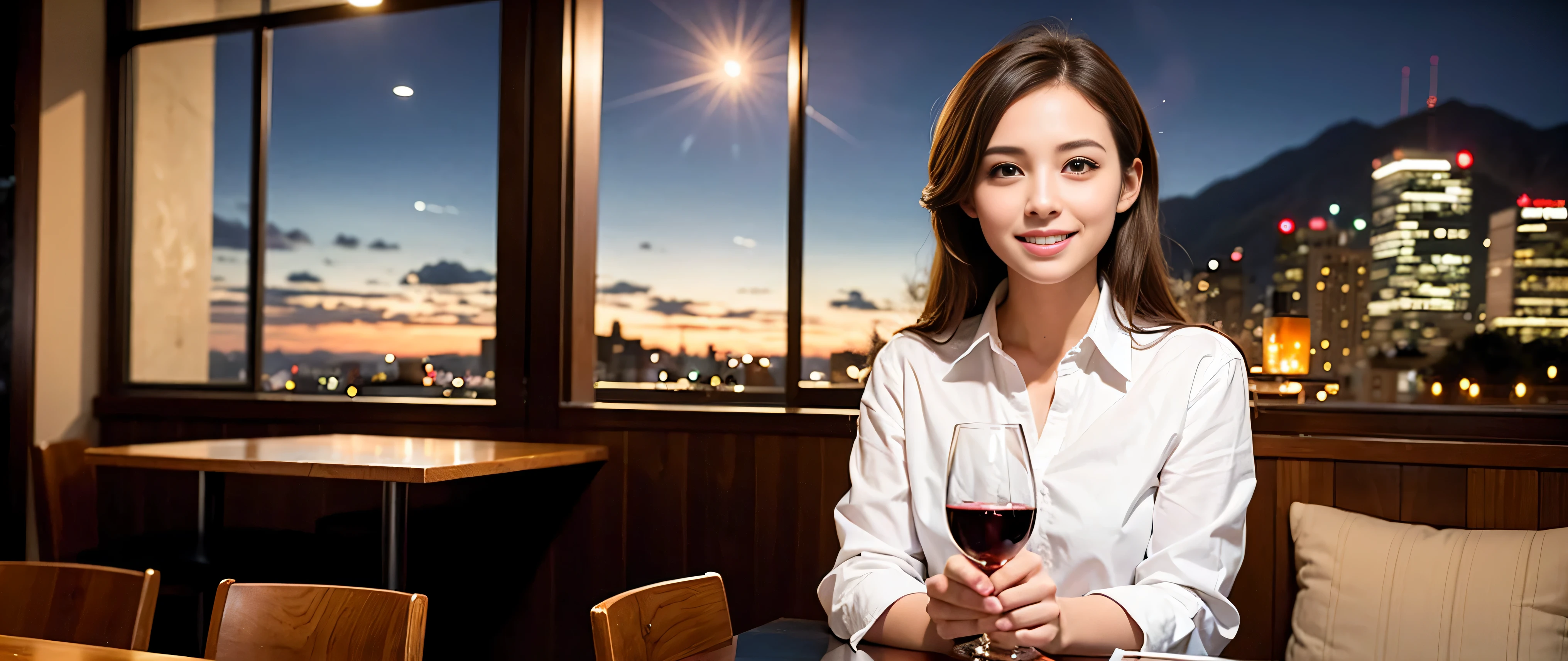 64k, Hmm, highest quality, masterpiece: 1.2), (realistic, photorealistic: 1.37), Spectacular view of the sunset sky and clouds、Amazing mountain views、slimな美女3名, (slimフェイス),Happy、 最高なsmile、Fox face、Berry Short、(because I'thin), (brown hair), (shortcut), long sleeve shirt、winter fashion、Colombian、Brazilian、Japanese、Dutch、German、Portuguese、Belgian、Italian、French,Champagne、sparkling wine、 (squirt), (slimボティ), (brown hair), (shortcut), neat beauty、cheeks turn a little red, (35 years old), 38 years old, alone, A beautiful and detailed night view spreads out outside the window....., restaurant, wine glassが座っている, At night, in a prominent place (from the Upper body) nova frog style, actress, model, Upper body, White wine, slim, wine glass, Very beautiful night view, wine glass Put in the Middle, Happy smile, (smile: 1.15),