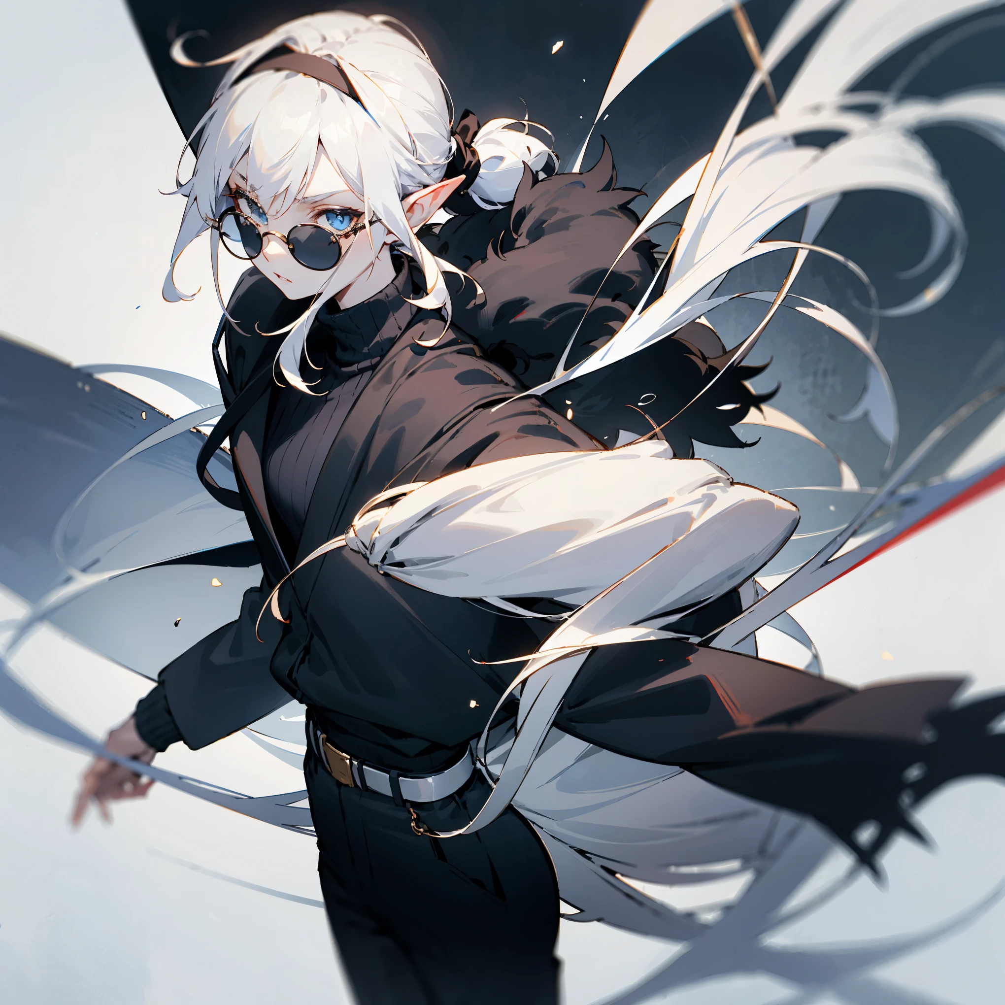A pale white elf with white ponytail hair wearing a black fuzzy headband, black round glasses, black turtleneck sweater and avant garde black jacket and black pants, anime