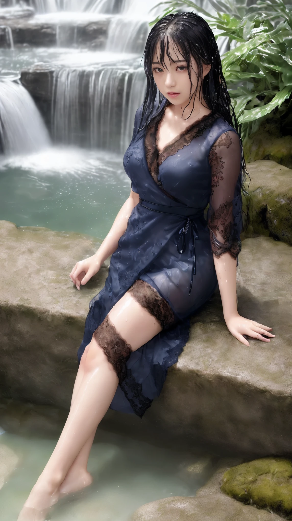 最high quality、high quality、best image quality、8k、最High resolution、High resolution、最high quality、masterpiece、RAW photo、whole body写真、Realistic human body in every detail、Realistic skin in every detail、Realistic face in every detail、Realistic eyes down to the details、Realistic lips in every detail、Realistic teeth in every detail、Realistic ears down to the last detail、Realistic hair down to the last detail、Realistic arms down to the last detail、Realistic reproduction of every detail、Realistic fingers in every detail、(fine hands、thumb1reference4)、Realistic feet in every detail、Realistic feet in every detail、Realistic breasts down to the last detail、((beautiful japanese girl))、(japanese model), (japanese woman)、((18 year old beautiful girl))、(black hair)、(straight hair)、((whole body))、((beautiful upturned chest))、(stylish slim style)、(whole body光沢肌、Fair skin)、Detailed and realistic human body、detailed realistic skin、detailed realistic face、detailed realistic arms、detailed realistic fingers、Detailed realistic feet、detailed realistic breasts、soft natural light、jungle with waterfall、waterfalls of different heights、big waterfall、waterfall with force of water、((Sit on a rock in front of the waterfall(背景にbig waterfallが見える))、((It gets wet and see-through(lace wrap dress))、((bathe in waterfall water(Soaked skin from head to toe))、((Water dripping from the skin))、((lace wrap dressが濡れて肌にピタッと張り付く))、((濡れたlace wrap dressの上からでも体のラインがはっきりわかります))、((lace wrap dressから滴る水))、sexy pose、angle from below