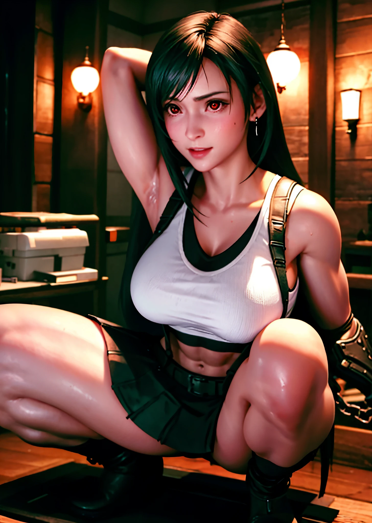 (realistic: 1.4), highest quality, very delicate and beautiful, High resolution, 1 girl, Tifa_lock heart, smile, cowboy shot, suspenders, low rise, mini skirt, Tank top, nervous shirt, black hair, long hair, elbow bag, beautiful detailed red eyes, face light, movie lighting, belly button, High exposure, exposure of the abdomen, rib, abs, big breasts, dynamic pose, dynamic angle, (abs:1.3), (muscular:1.5), arms behind head, spread legs, squatting, ahegao, sweat, restrained by chains