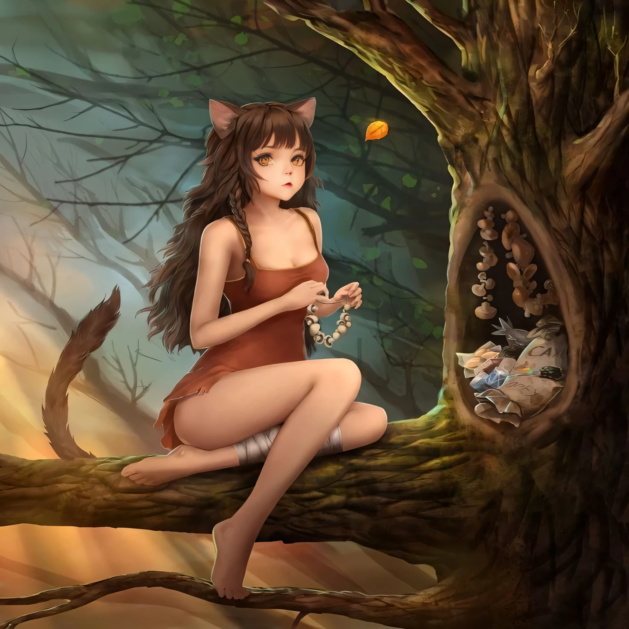 High detail furry girl, with a loose top, red hair, shining cat eyes, a fluffy tail, dynamic pose, tiny and short top with a small skirt, small body, sit stretching her arms with spread legs, embarrassed smiling with open mouth with pointy fangs, blushing, in the woods, low red fur in the arms and legs,