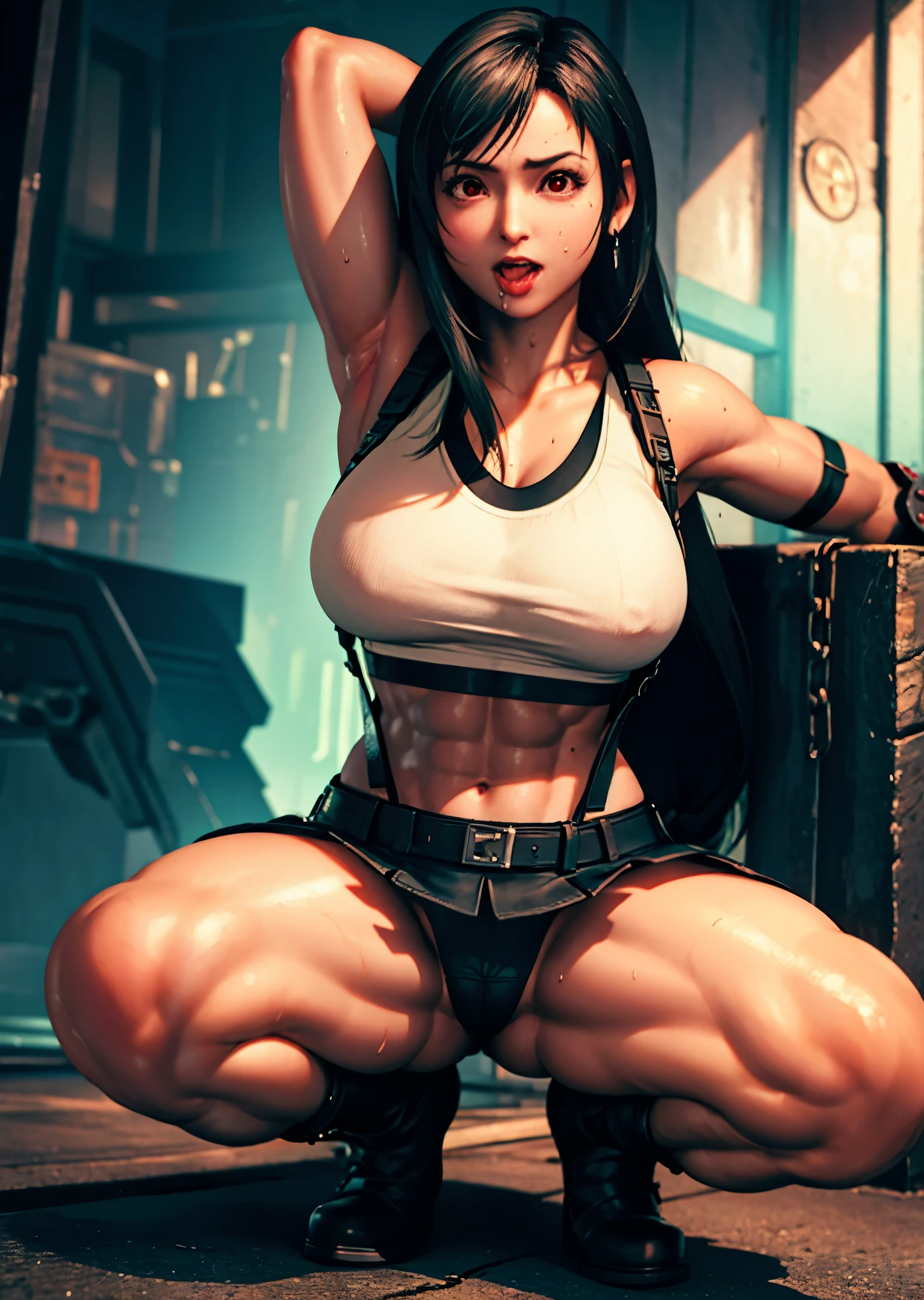 (realistic: 1.4), highest quality, very delicate and beautiful, High resolution, 1 girl, Tifa_lock heart, cowboy shot, suspenders, low rise, mini skirt, Tank top, nervous shirt, black hair, long hair, elbow bag, beautiful detailed red eyes, face light, movie lighting, belly button, High exposure, exposure of the abdomen, rib, abs, big breasts, dynamic pose, dynamic angle, (abs:1.3), (muscular:1.5), arms behind head, spread legs, squatting, (ahegao:1.5), sweat, restrained by chains
