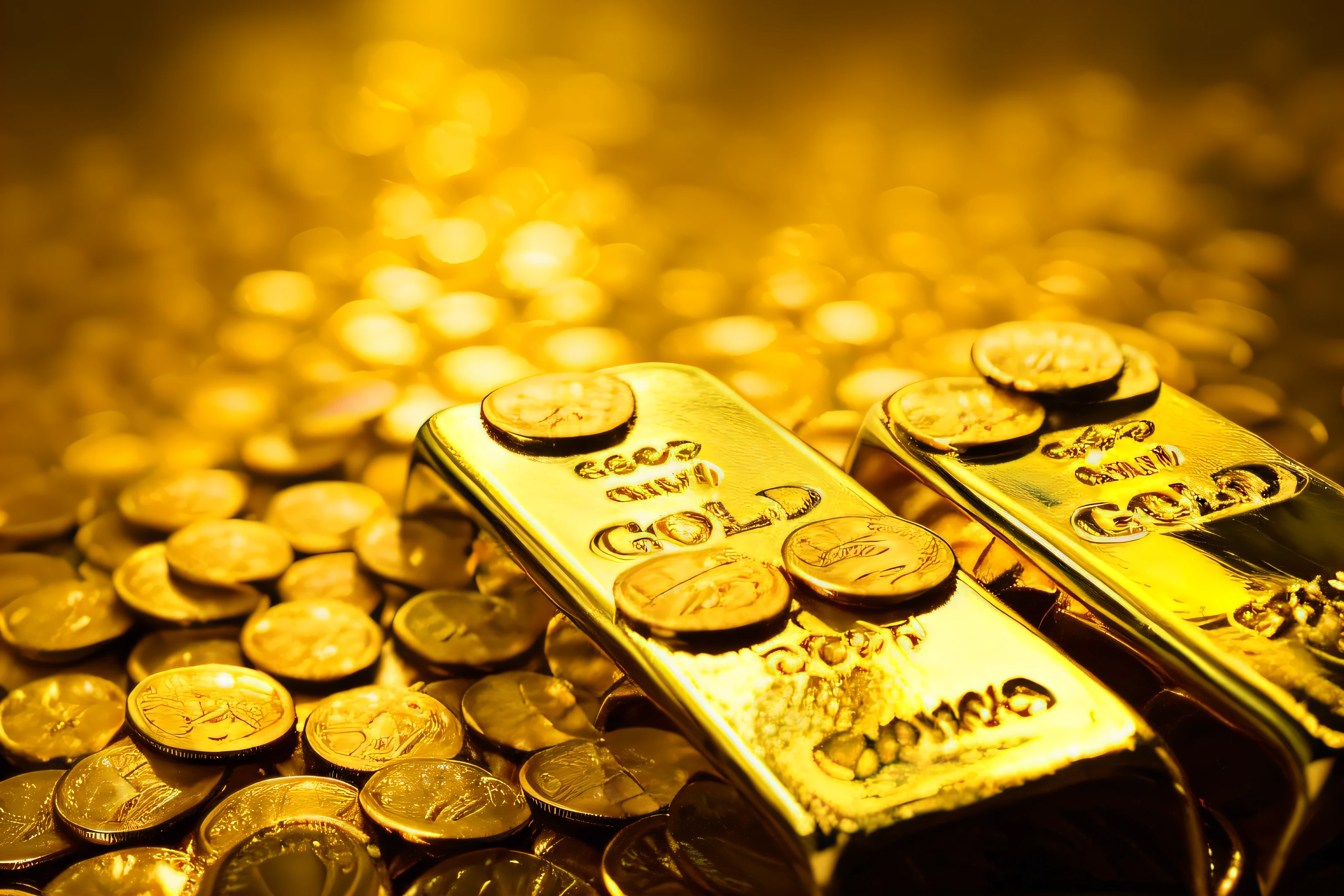 There are two gold bars and some coins on the table, gold and treasure, on gold background, gold metal, have money, Gold siege, Gold, silver and brass, Pearland Sobre Horse Holder de Ouro, com muitas golden coin, golden coin, gold and silver, hold gold, Partially gold, gold and gold, Presiosos