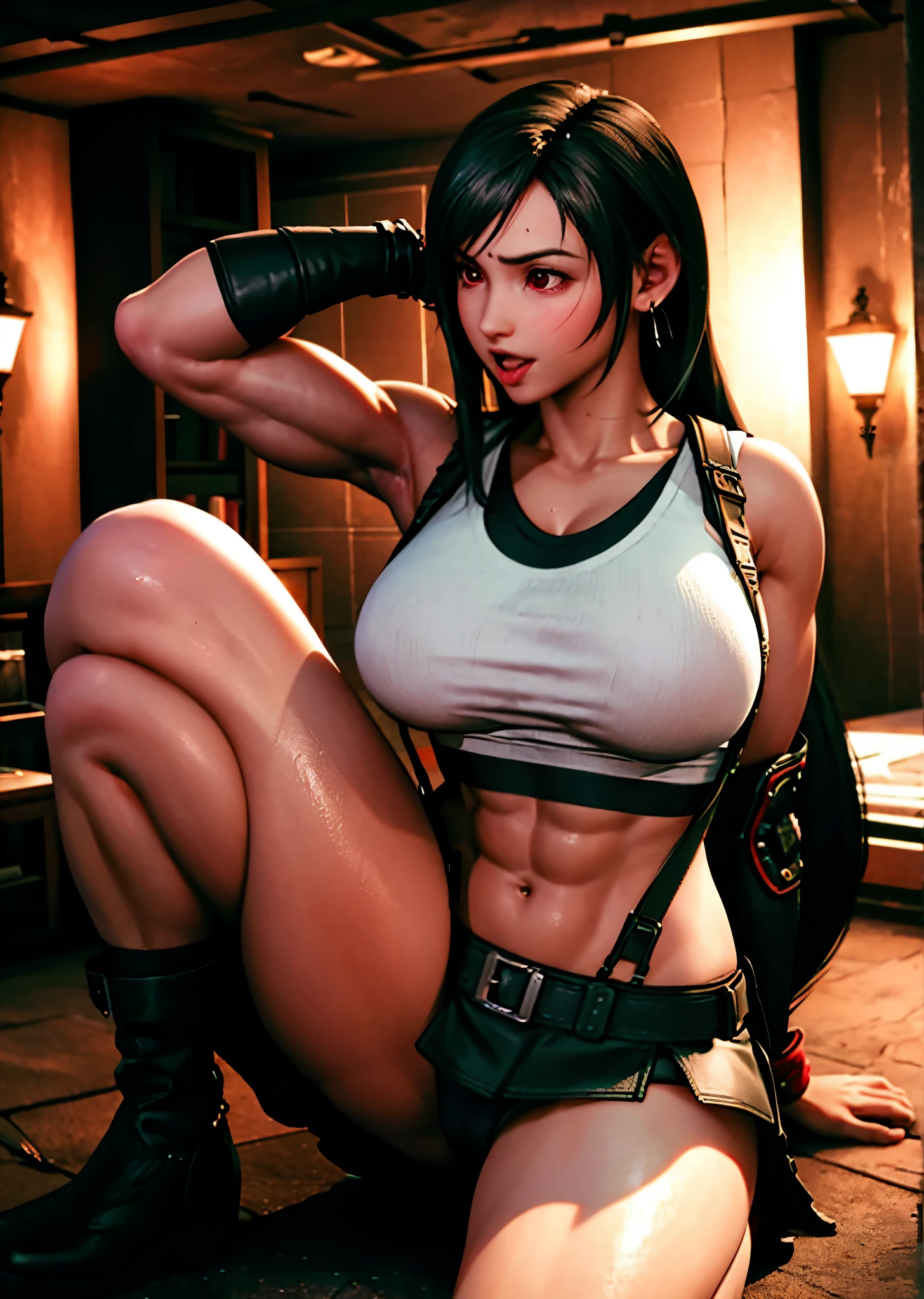 (realistic: 1.4), highest quality, very delicate and beautiful, High resolution, 1 girl, Tifa_lock heart, cowboy shot, suspenders, low rise, mini skirt, Tank top, nervous shirt, black hair, long hair, elbow bag, beautiful detailed red eyes, face light, movie lighting, belly button, High exposure, exposure of the abdomen, rib, abs, big breasts, dynamic pose, dynamic angle, (abs:1.3), (muscular:1.5), arms behind head, spread legs, squatting, (ahegao:1.5), visible tongue
