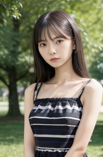 best quality, detailed, beautiful, insanely detailed, absurdres,perfect anatomy,
Japanese woman,black hair,27 years old,
(slender),
(small breasts),
grumpy, frowning, (arms crossed), standing, looking down, flipped hair, (striped dress:1.2), in the park, front view