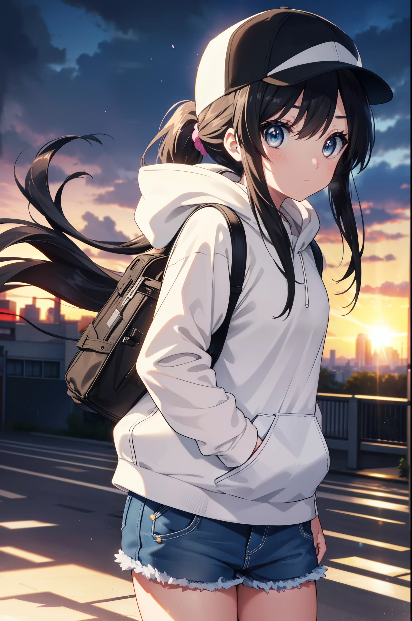 mioakiyama, mio akiyama, long hair, bangs, black hair, (black eye:1.3),cool, princess cut,baseball hat,ponytail,black oversized hoodie,short denim pants,black pantyhose,short boots,sunset,evening,the sun is setting,hands in hoodie,Carrying the base case,walking,blow bubble gum, pink bubble gum,
break outdoors, In town,building street,
break looking at viewer, (cowboy shot:1.5),
break (masterpiece:1.2), highest quality, High resolution, unity 8k wallpaper, (figure:0.8), (detailed and beautiful eyes:1.6), highly detailed face, perfect lighting, Very detailed CG, (perfect hands, perfect anatomy),