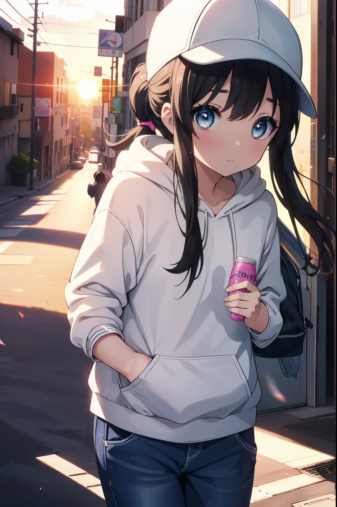 mioakiyama, mio akiyama, long hair, bangs, black hair, (black eye:1.3),cool, princess cut,baseball hat,ponytail,black oversized hoodie,short denim pants,black pantyhose,short boots,sunset,evening,the sun is setting,hands in hoodie,Carrying the base case,walking,blow bubble gum, pink bubble gum,
break outdoors, In town,building street,
break looking at viewer, (cowboy shot:1.5),
break (masterpiece:1.2), highest quality, High resolution, unity 8k wallpaper, (figure:0.8), (detailed and beautiful eyes:1.6), highly detailed face, perfect lighting, Very detailed CG, (perfect hands, perfect anatomy),