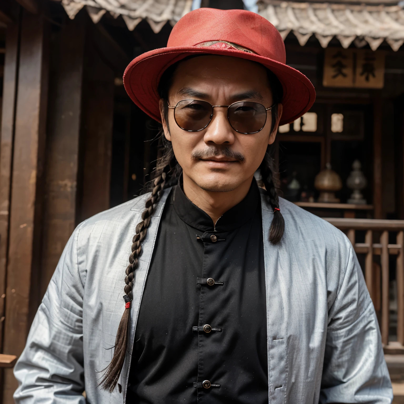 Chinese guy around 40-50 years old, had braid hair, wear black sun-glasses, had thin and very long mustache, wear chinese hat, and wear red long sleeve Chinese cloth