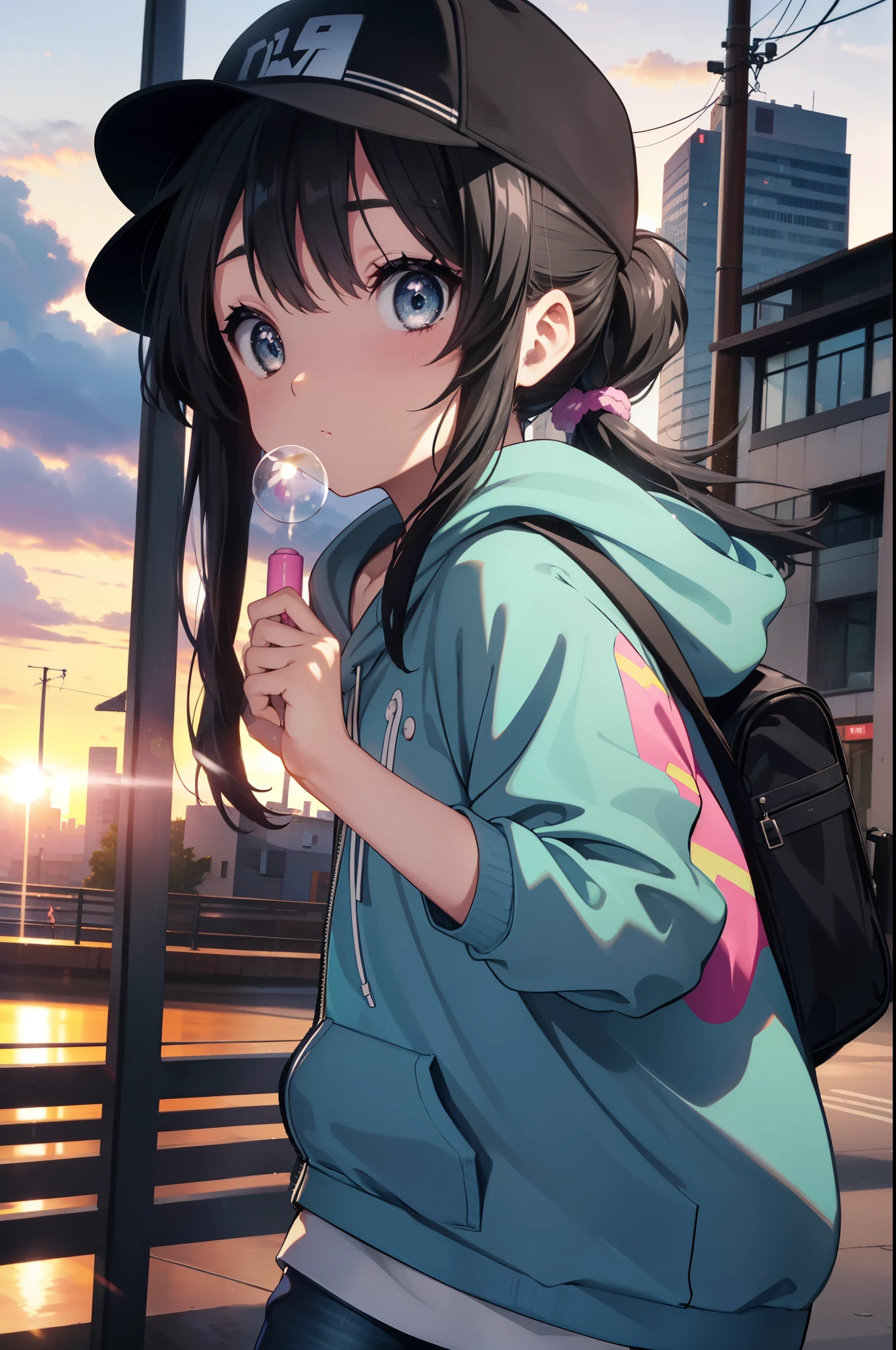 mioakiyama, mio akiyama, long hair, bangs, black hair, (black eye:1.3),cool, princess cut,baseball hat,ponytail,black oversized hoodie,short denim pants,black pantyhose,short boots,sunset,evening,the sun is setting,hands in hoodie,carrying a guitar case,walking,blow bubble gum, pink bubble gum,
break outdoors, In town,building street,
break looking at viewer, (cowboy shot:1.5),
break (masterpiece:1.2), highest quality, High resolution, unity 8k wallpaper, (figure:0.8), (detailed and beautiful eyes:1.6), highly detailed face, perfect lighting, Very detailed CG, (perfect hands, perfect anatomy),