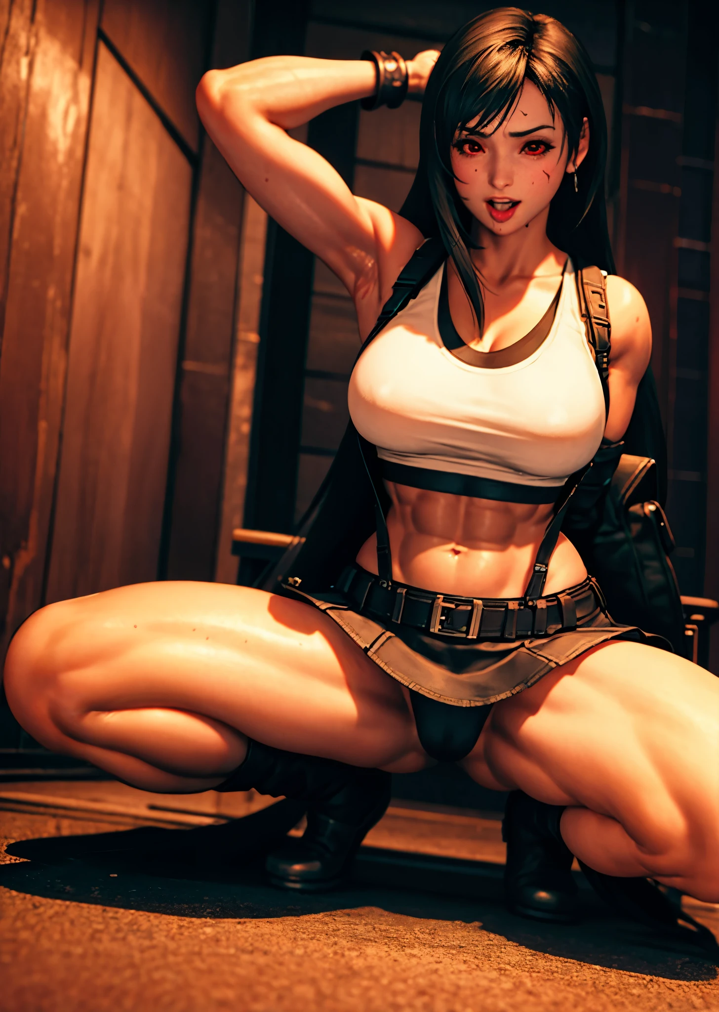 (realistic: 1.4), highest quality, very delicate and beautiful, High resolution, 1 girl, Tifa_lock heart, cowboy shot, suspenders, low rise, mini skirt, Tank top, nervous shirt, black hair, long hair, elbow bag, beautiful detailed red eyes, face light, movie lighting, belly button, High exposure, exposure of the abdomen, rib, abs, big breasts, dynamic pose, dynamic angle, (abs:1.3), (muscular:1.5), both arms behind head, spread legs, squatting, (ahegao:1.5), visible tongue