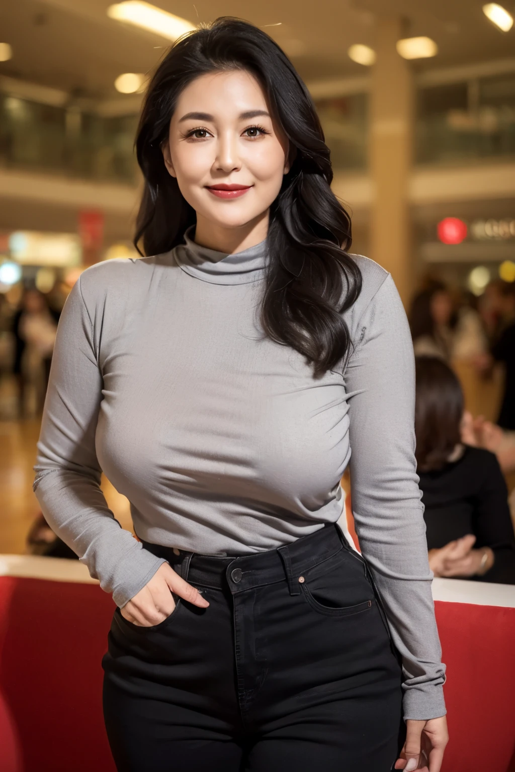 ((top quality、8k、masterpiece:1.3))、sharp focus, High level of image quality, high resolution，,Grey crewneck shirt，black jeans，37-year-old woman with long wavy hair，Mature，charming smile，Draw lips correctly, red lipstick，stand，Slightly fat，Big breasts，Big shopping mall interior background，full-body shot