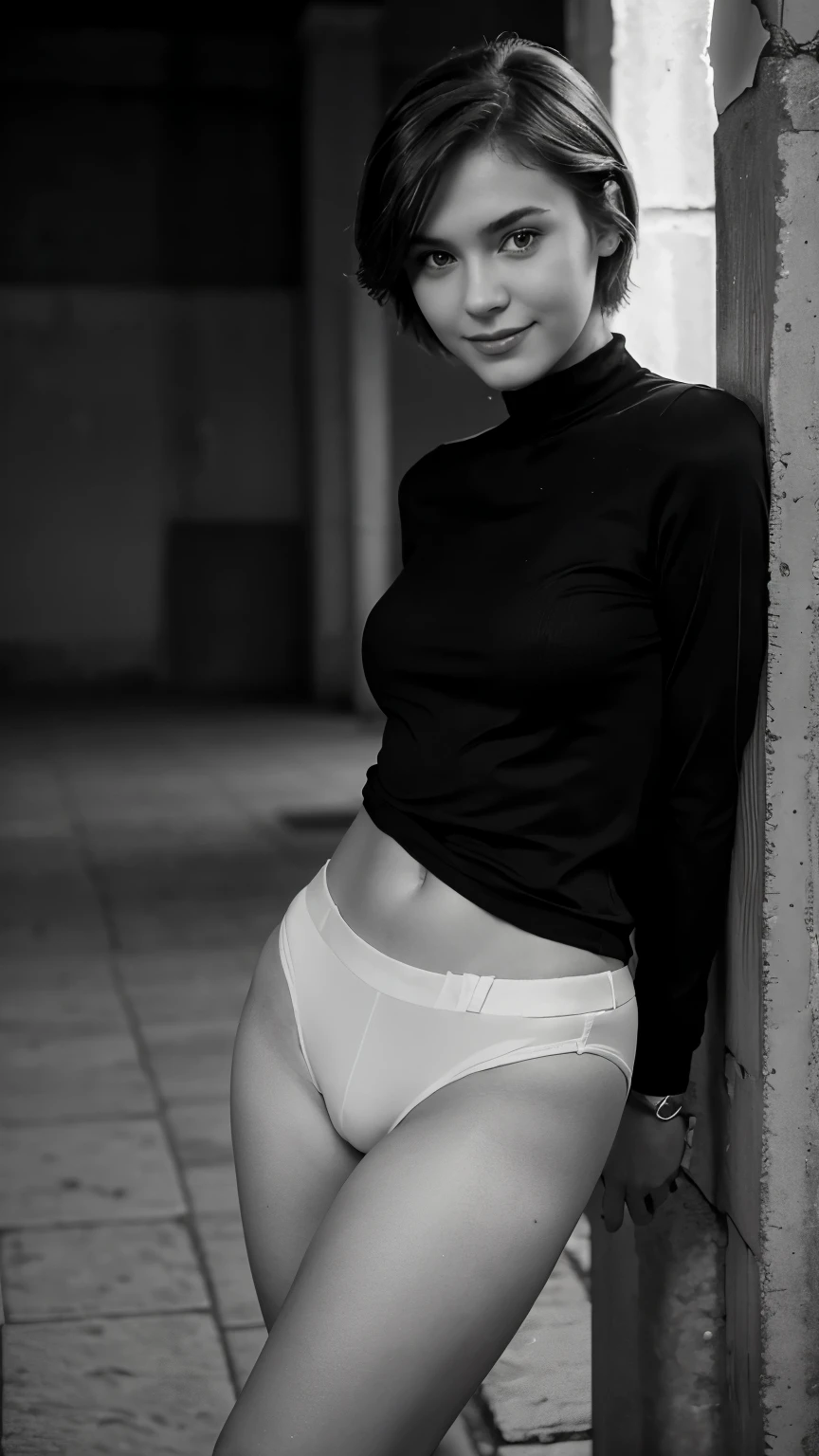 Russian Girl , Age 18 , college outift , beautiful face , photography , seductive smile , good lighting background , closed outfit , short hair , black and white style