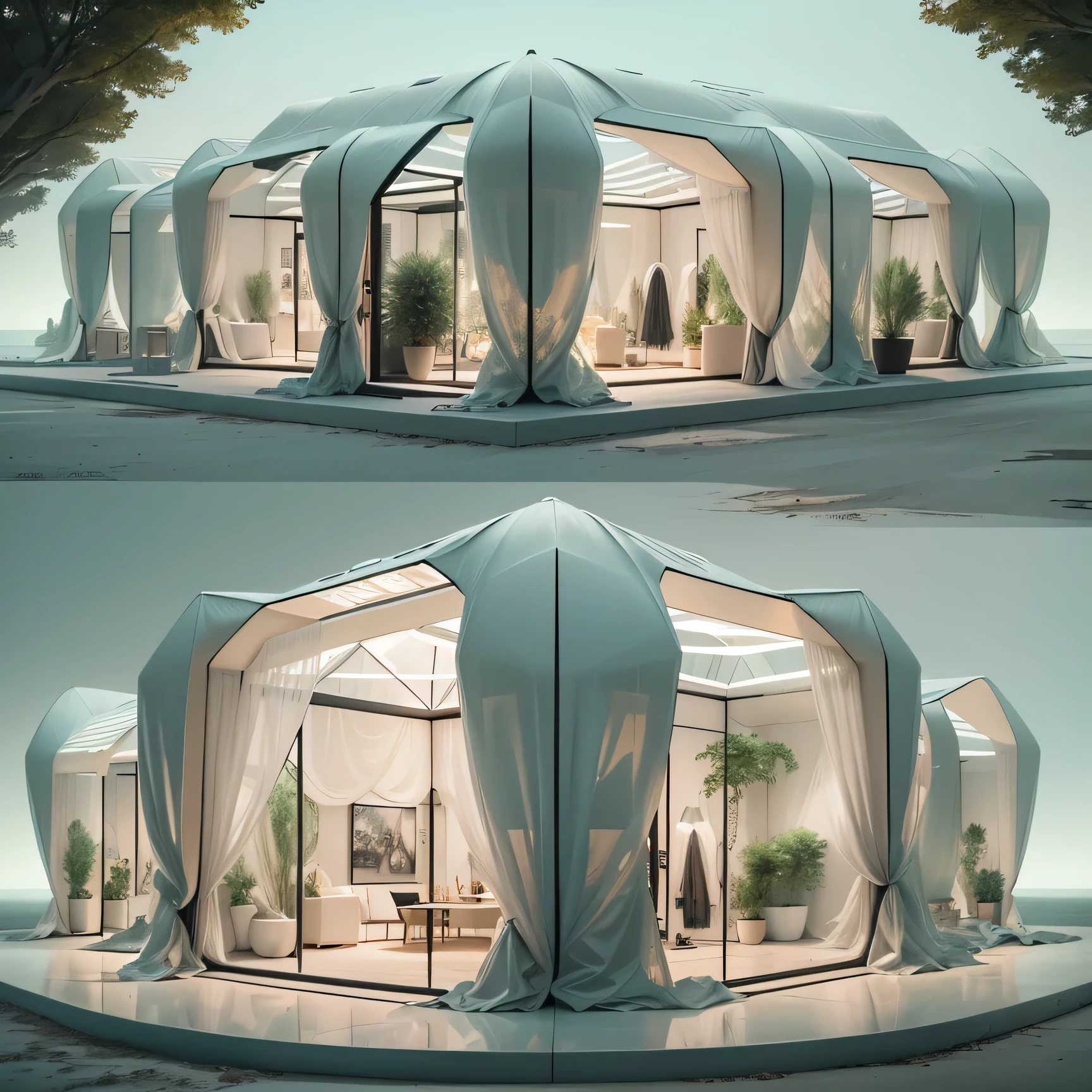 Design a futuristic cubic luxury inflatable tent , 
 A pop-up store with high-end clothing brands。The design of the tent should pay attention to details , 
 Adopt a stylish and modern style , 
 Inspire people&#39;s curiosity and surprise。The inside and the outside should become different universes , 
 Through interesting and conceptual art exhibitions , 
 Display clothing in a unique and engaging way。 Clothing displays should be designed as part of an art exhibition , 
 Every piece is carefully arranged , 
 Create a visual journey , 
 Take guests on a fun and imaginative adventure。Inflatable tents should provide a luxurious and comfortable shopping experience , 
 Its design is both practical and beautiful。Every detail from lighting to flooring should be crafted with care , 
 Create an immersive、Unforgettable shopping experiences , 
 brand differentiation。 The cube shape of the tent should highlight the futuristic feel and unique details , 
 Increase overall experience , 
 and create a sense of innovation and sophistication。The concept of cube represents simplicity、balance、 , 
 This theme can be integrated into the design of the pop-up store。The cube shape also allows for creative use of space , 
 Clothing displays are arranged in a way that maximizes the use of indoor space。 This innovative and eye-catching design will make the tent an iconic landmark , 
 Become a fashion lover、A must-visit destination for art lovers。 , 
 Good texture , 
 The morphology is clear , 
 8k resolution , 
 perfect composition  