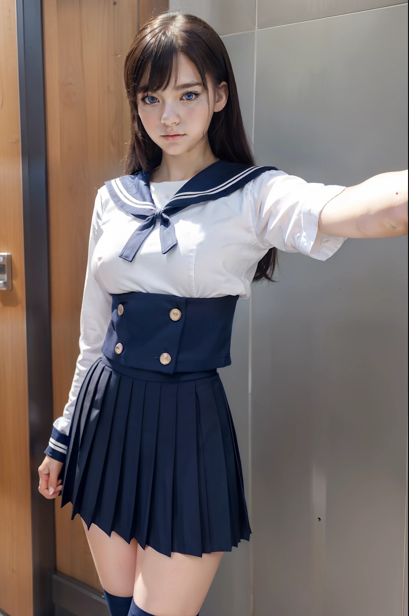 1girl, (solo), (selfie), (), big breast:1.5, ((beautiful anime eyes with fine detail)), realistic skin, sailor suit, (Navy blue pleated miniskirt), beauty of slender female legs, thigh-high socks,