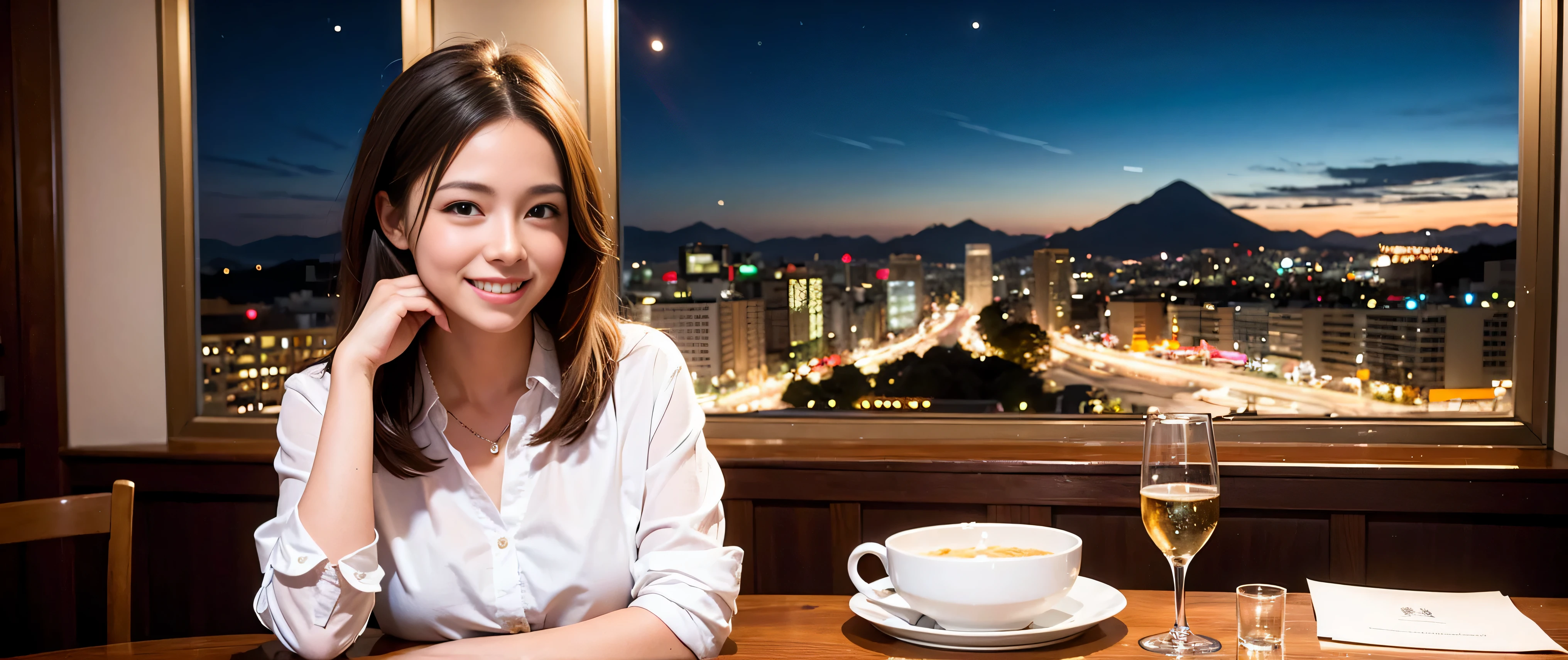 64k, Hmm, highest quality, masterpiece: 1.2), (realistic, photorealistic: 1.37), Spectacular view of the sunset sky and clouds、Amazing mountain views、slimな美女3名, (slimフェイス),Happy、 最高なsmile、Fox face、Berry Short、(because I'thin), (brown hair), (shortcut), long sleeve shirt、winter fashion、Colombian、Brazilian、Japanese、Dutch、German、Portuguese、Belgian、Italian、French,Champagne、sparkling wine、 (squirt), (slimボティ), (brown hair), (shortcut), neat beauty、cheeks turn a little red, (35 years old), 38 years old, alone, A beautiful and detailed night view spreads out outside the window....., restaurant, wine glassが座っている, At night, in a prominent place (from the Upper body) nova frog style, actress, model, Upper body, White wine, slim, wine glass, Very beautiful night view, wine glass Put in the Middle, Happy smile, (smile: 1.15),