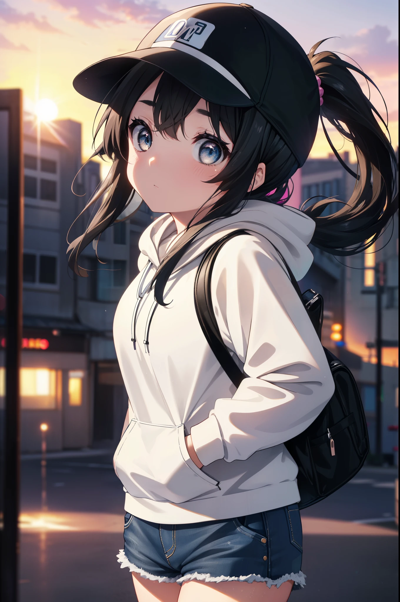 mioakiyama, mio akiyama, long hair, bangs, black hair, (black eye:1.3),cool, princess cut,baseball hat,ponytail,black oversized hoodie,short denim pants,black pantyhose,short boots,sunset,evening,the sun is setting,hands in hoodie,carrying a base bag,walking,blow bubble gum, pink bubble gum,
break outdoors, In town,building street,
break looking at viewer, (cowboy shot:1.5),
break (masterpiece:1.2), highest quality, High resolution, unity 8k wallpaper, (figure:0.8), (detailed and beautiful eyes:1.6), highly detailed face, perfect lighting, Very detailed CG, (perfect hands, perfect anatomy),