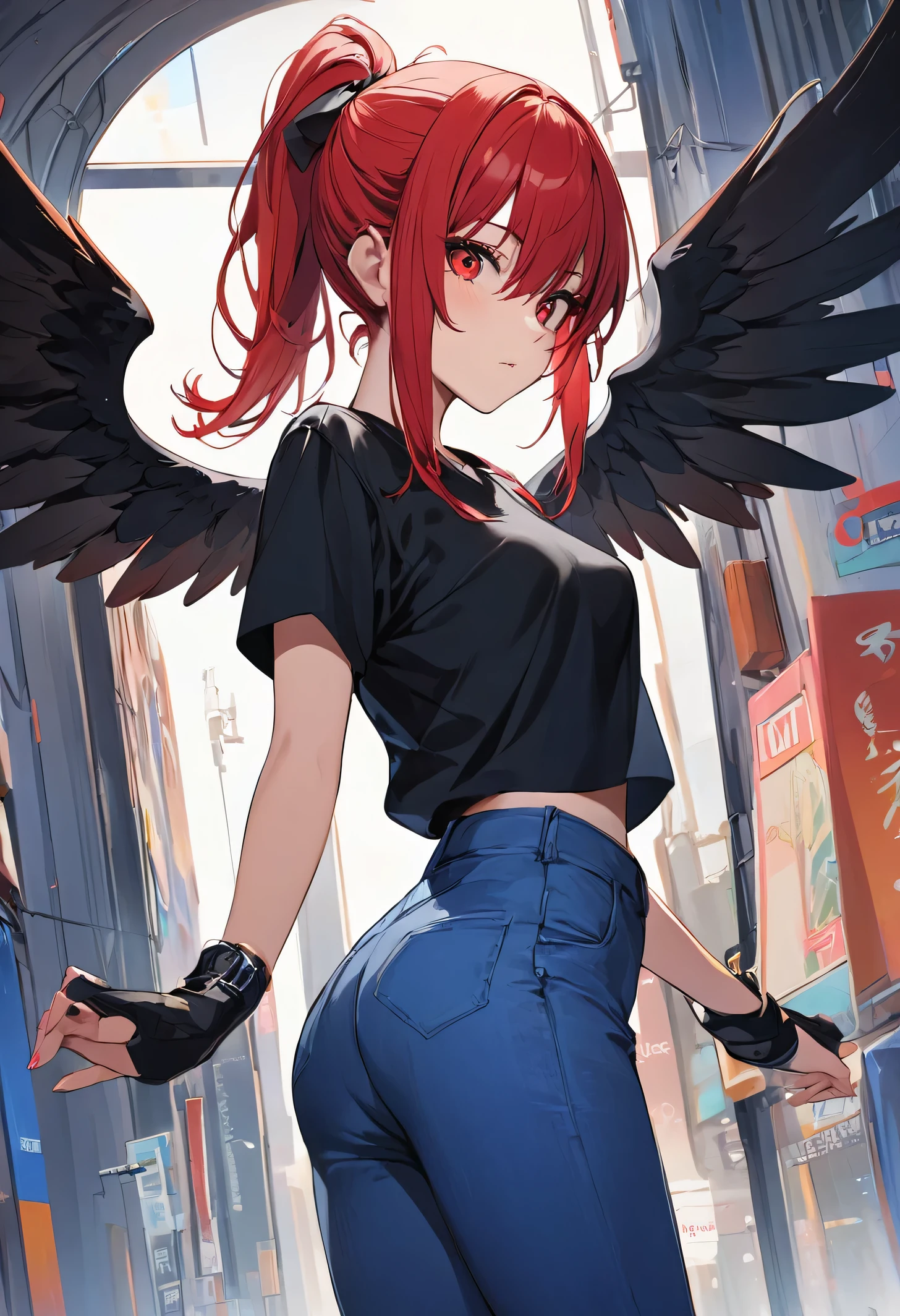 (best quality:1.2), 1girl, red hair with a ponytail, red eyes, black shirt, blue pants, wings