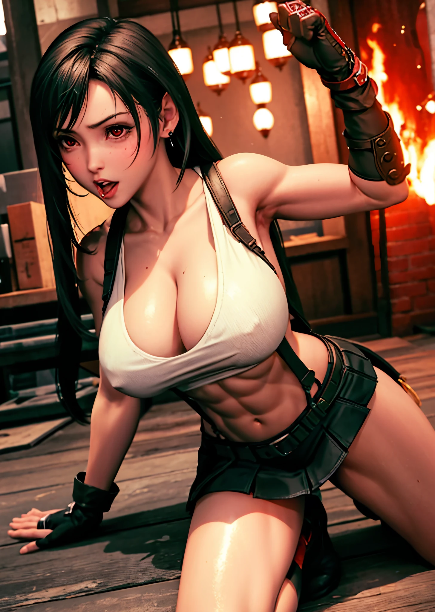 (realistic: 1.4), highest quality, very delicate and beautiful, High resolution, 1 girl, Tifa_lock heart, cowboy shot, suspenders, low rise, mini skirt, Tank top, nervous shirt, black hair, long hair, elbow bag, beautiful detailed red eyes, face light, movie lighting, belly button, High exposure, exposure of the abdomen, rib, abs, big breasts, dynamic pose, dynamic angle, (abs:1.3), (muscular:1.5), both arms behind head, spread legs, squatting, (ahegao:1.5), visible tongue, (naked:1.6), (cowgirl position:1.5)