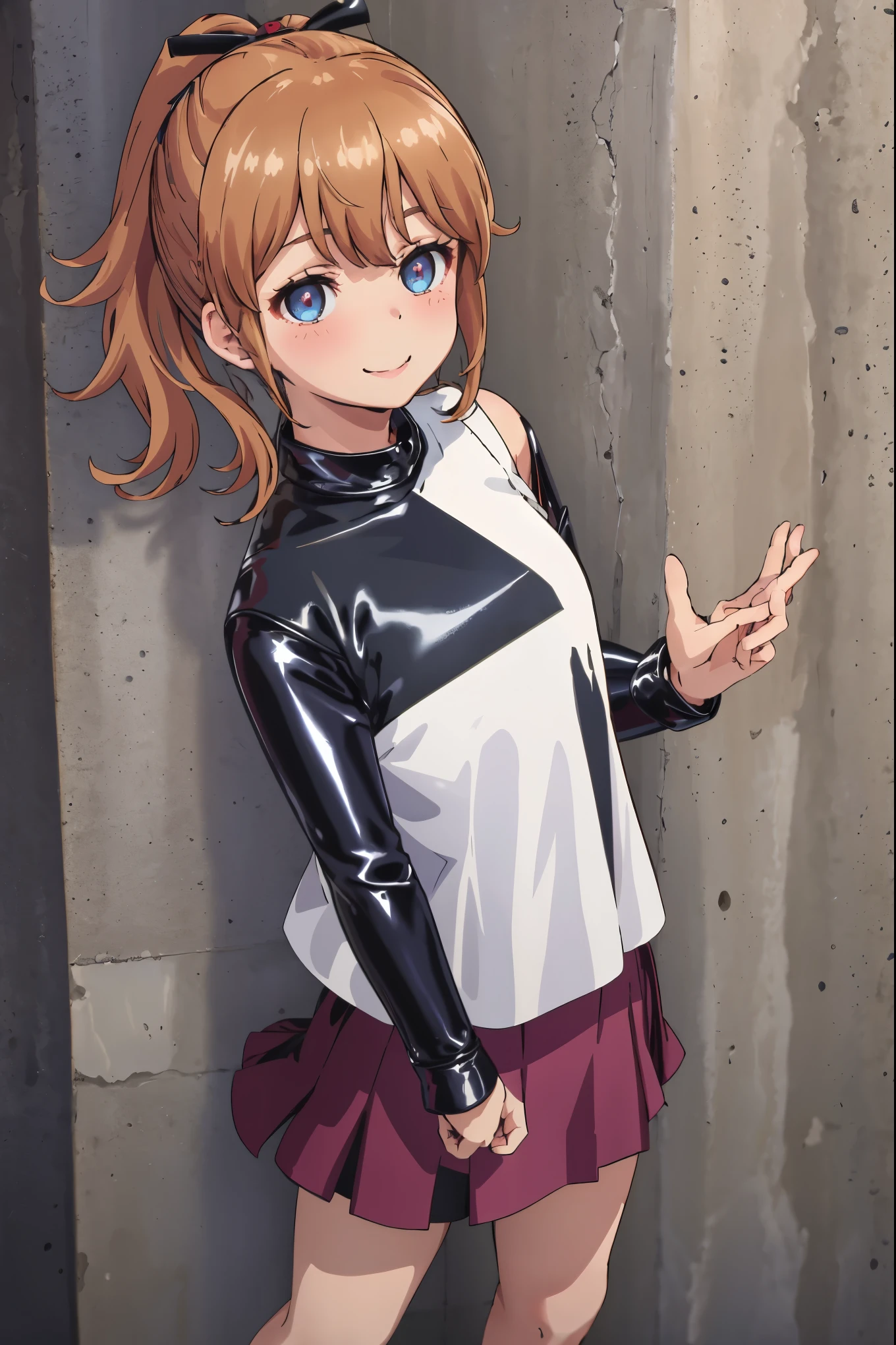 best quality, (masterpiece:1.2), highly detailed, standing, street,
1girl, solo, akatsuki minami,
looking at the viewer, closed mouth, smile, slight blush,
blue eyes, brown hair, ponytail, hair bow, sleeveless, ((dominant girl, latex skirt,  latex shirt))