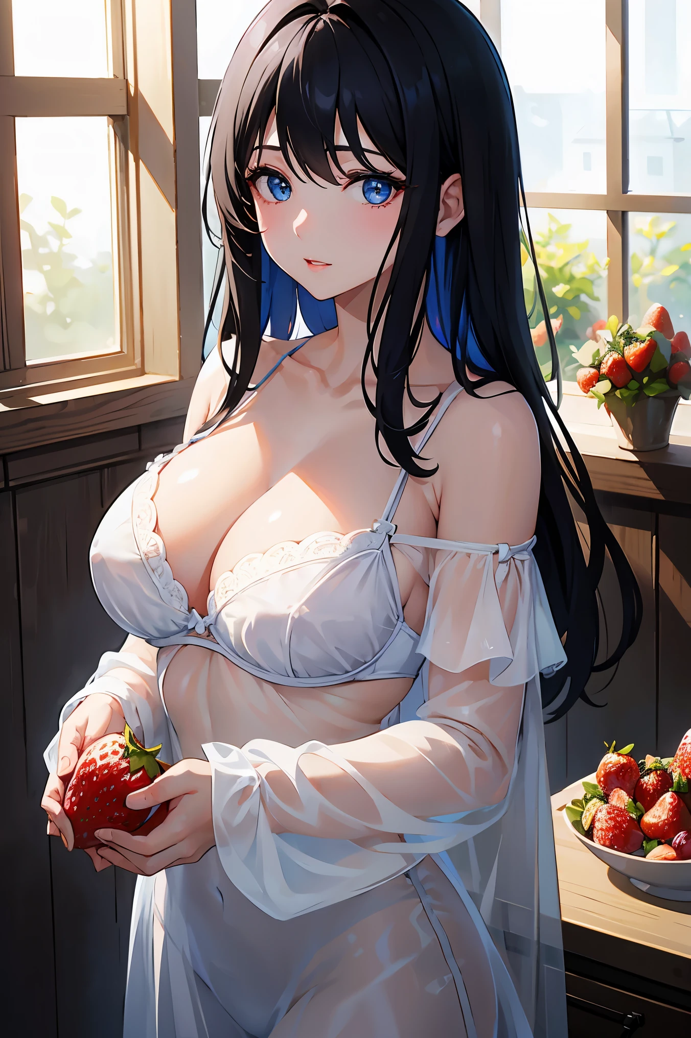 1 female、black hair、blue eyes、dense lips、white bra、See-through、off shoulder、holding strawberries in your hands、inside the house、window sill、sunshine masterpiece、ultra high resolution、perfect lighting、16K