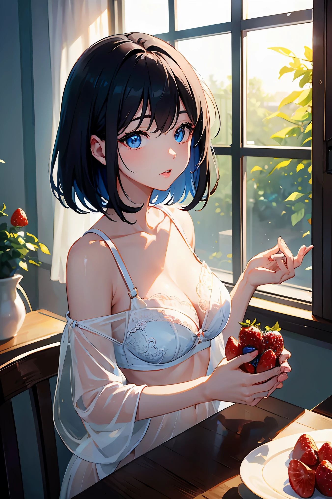 1 female、black hair、blue eyes、dense lips、white bra、See-through、off shoulder、holding strawberries in your hands、inside the house、window sill、sunshine masterpiece、ultra high resolution、perfect lighting、16K