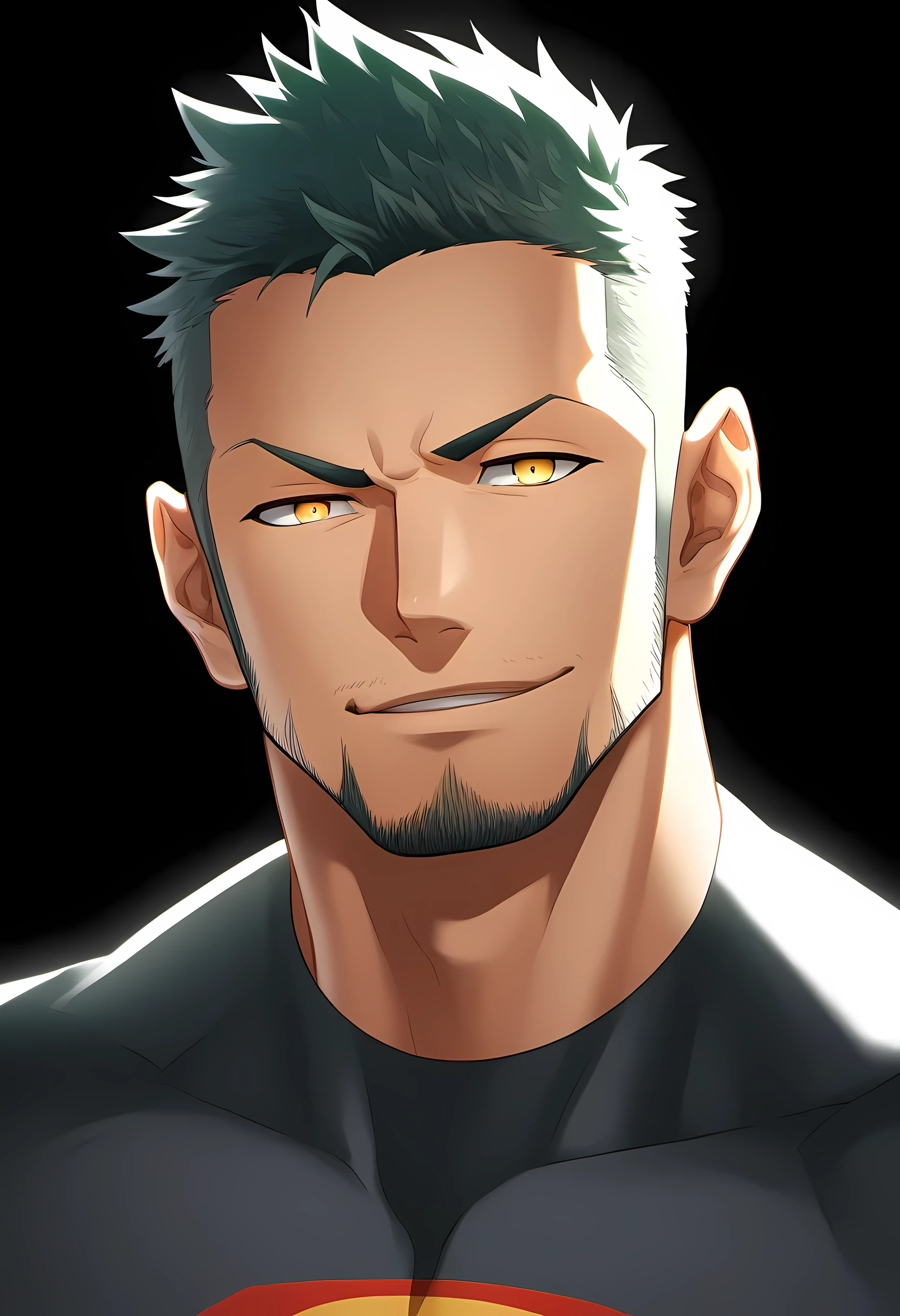 anime characters:Guy, Priapus, 1 young muscular man, male focus, Sporty black headband, turtleneck superman tight t-shirt, superman logo, muscular male, muscular, only, Upper body, alone, white short hair, stubble, yellow eyes, blink, black background, simple background, amazing quality, best aesthetics, Ridiculous, bright pupils, short hair, naughty face, torogao, open lips, best quality