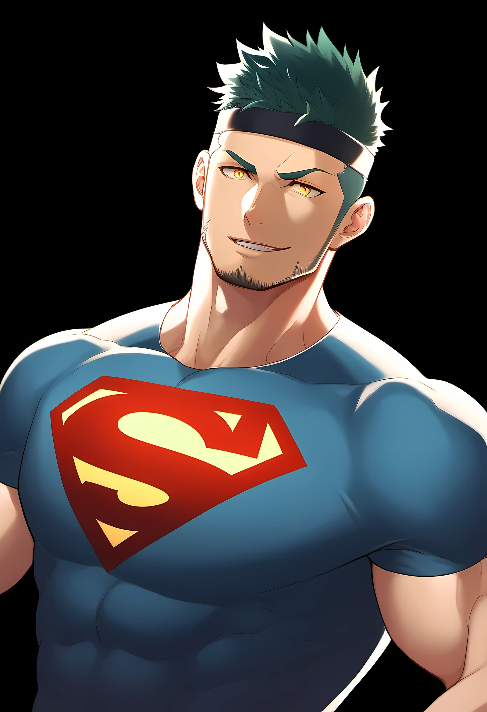 anime characters:Guy, Priapus, 1 young muscular man, male focus, Sporty black headband, turtleneck superman tight t-shirt, superman logo, muscular male, muscular, only, Upper body, alone, white short hair, stubble, yellow eyes, blink, black background, simple background, amazing quality, best aesthetics, Ridiculous, bright pupils, short hair, naughty face, torogao, open lips, best quality