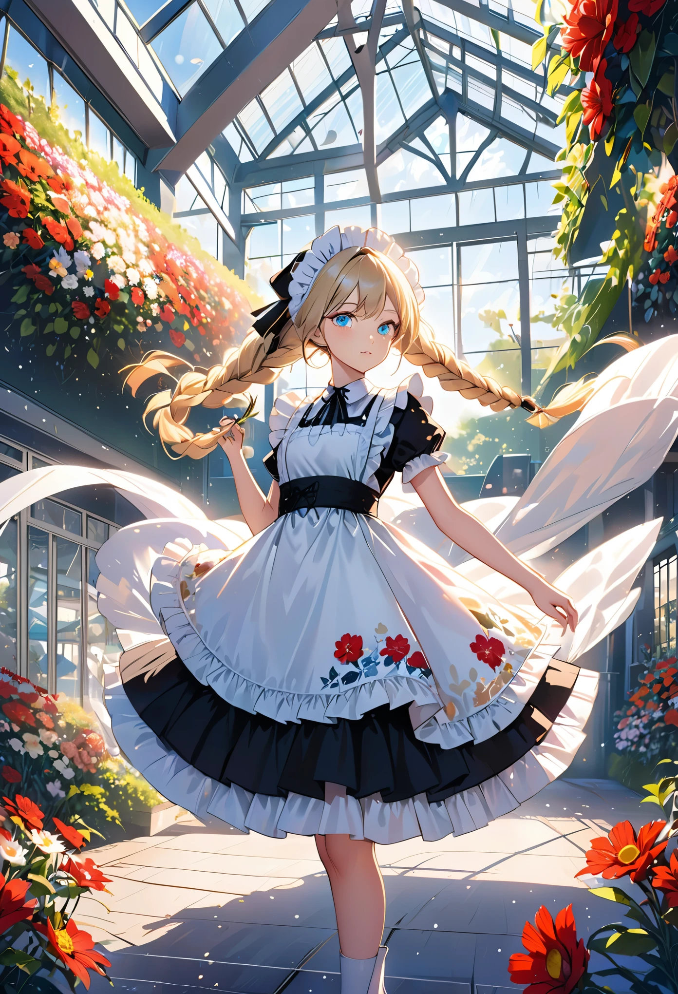 ((flower pattern)), (), (1 girl), (((alone))), (actual:1.5), light particles, light, victorian, (Best Illustration), photoactual, octane rendering, 8k, neon lights, flying car, Detailed face, delicate eyes, ((maid)), maid headband, long braids, very long hair, blonde hair, blue eyes, (sharp eyeliner, eye shadow, delicate eyes:1.1), (ulzzang-6500), model pose, (Permanently installed), (Outdoor activities), noon time, Public area, indoors, (Green house in the background), Breaking G36