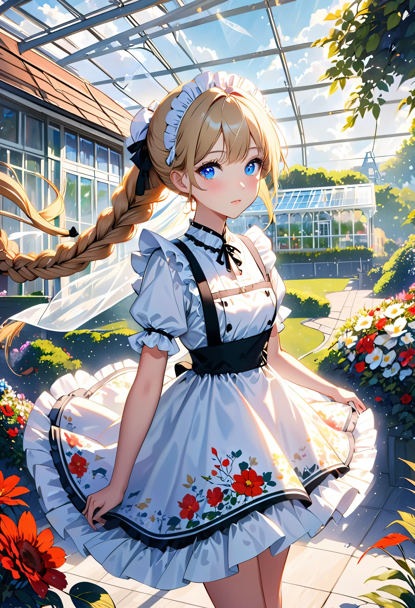 ((flower pattern)), (), (1 girl), (((alone))), (actual:1.5), light particles, light, victorian, (Best Illustration), photoactual, octane rendering, 8k, neon lights, flying car, Detailed face, delicate eyes, ((maid)), maid headband, long braids, very long hair, blonde hair, blue eyes, (sharp eyeliner, eye shadow, delicate eyes:1.1), (ulzzang-6500), model pose, (Permanently installed), (Outdoor activities), noon time, Public area, indoors, (Green house in the background), Breaking G36