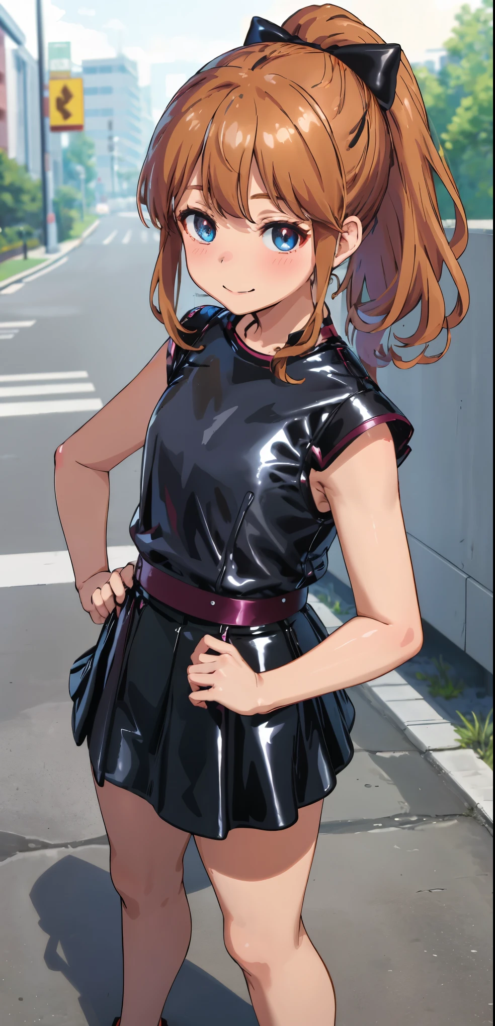 best quality, (masterpiece:1.2), highly detailed, standing, street,
1girl, solo, akatsuki minami,
looking at the viewer, closed mouth, smile, slight blush,
blue eyes, brown hair, ponytail, hair bow, sleeveless, ((dominant girl, latex skirt,  latex shirt))
