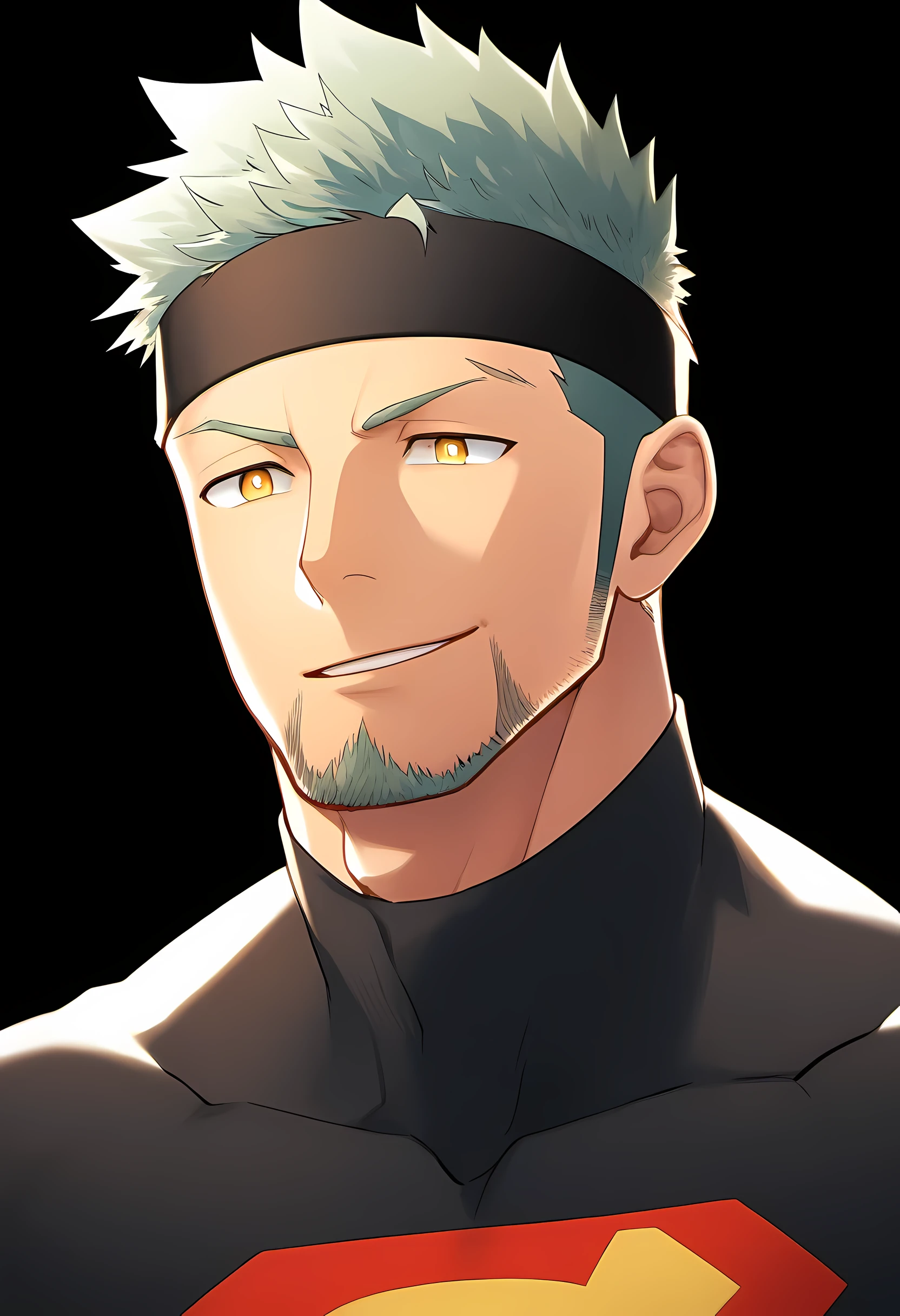anime characters:Guy, Priapus, ung muscular man, male focus, Sporty black headband, turtleneck superman tight t-shirt, superman logo, muscular male, muscular, only, Upper body, alone, white short hair, stubble, yellow eyes, blink, black background, simple background, amazing quality, best aesthetics, Ridiculous, bright pupils, short hair, naughty face, torogao, open lips, best quality
