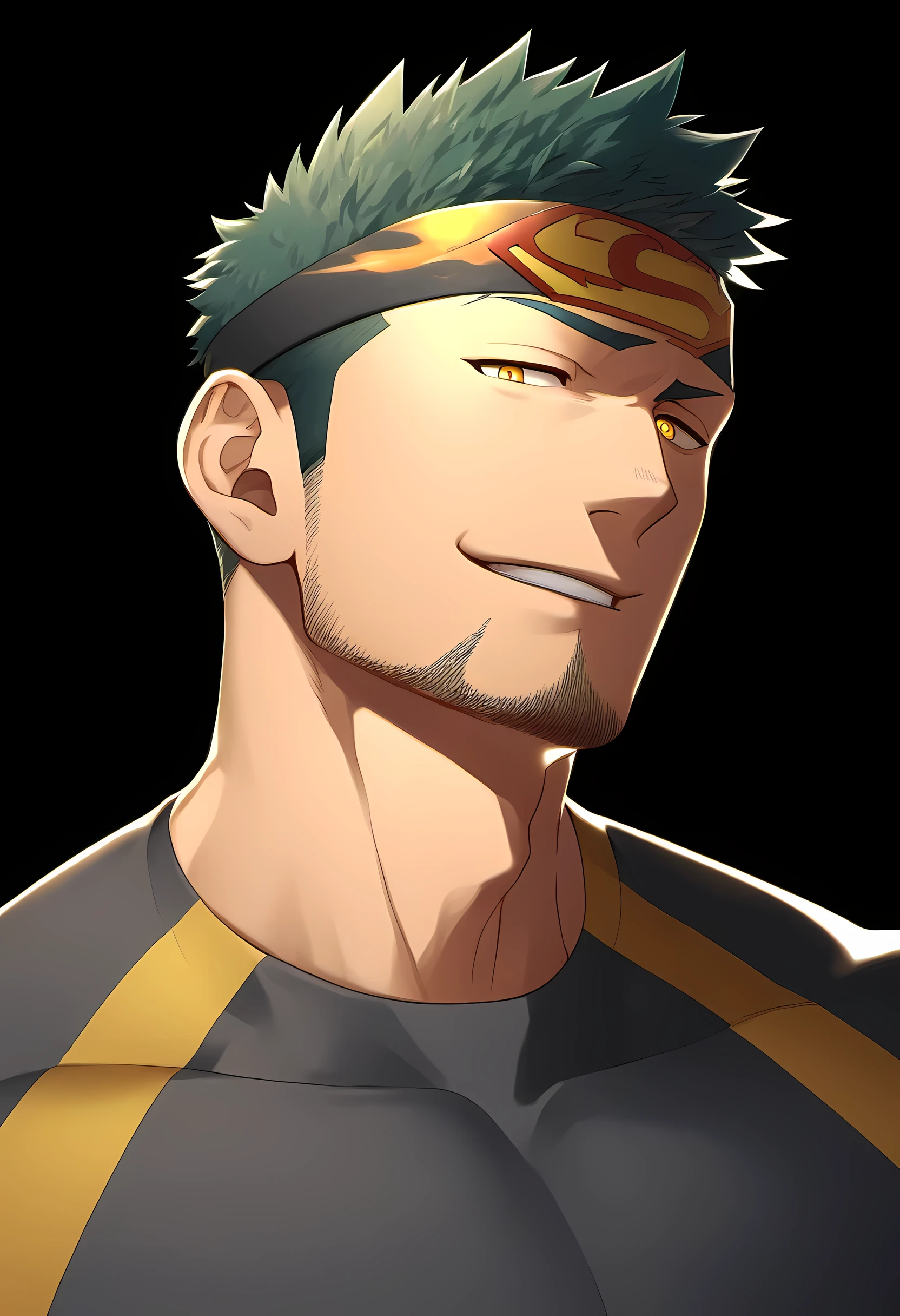 anime characters:Guy, Priapus, ung muscular man, male focus, Sporty black headband, turtleneck superman tight t-shirt, superman logo, muscular male, muscular, only, Upper body, alone, white short hair, stubble, yellow eyes, blink, black background, simple background, amazing quality, best aesthetics, Ridiculous, bright pupils, short hair, naughty face, torogao, open lips, best quality
