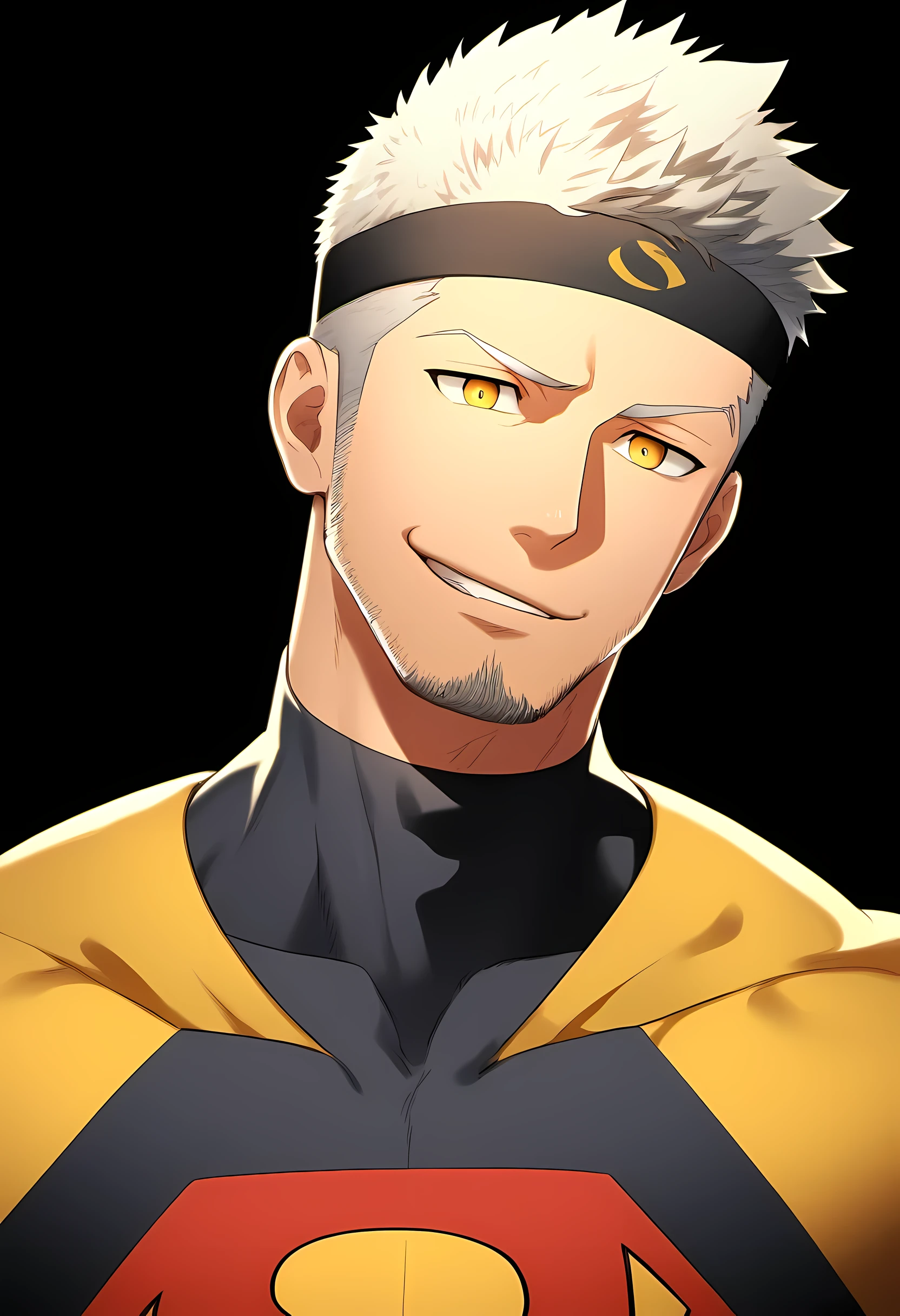 anime characters:Guy, Priapus, ung muscular man, male focus, Sporty black headband, turtleneck superman tight t-shirt, superman logo, muscular male, muscular, only, Upper body, alone, white short hair, stubble, yellow eyes, blink, black background, simple background, amazing quality, best aesthetics, Ridiculous, bright pupils, short hair, naughty face, torogao, open lips, best quality