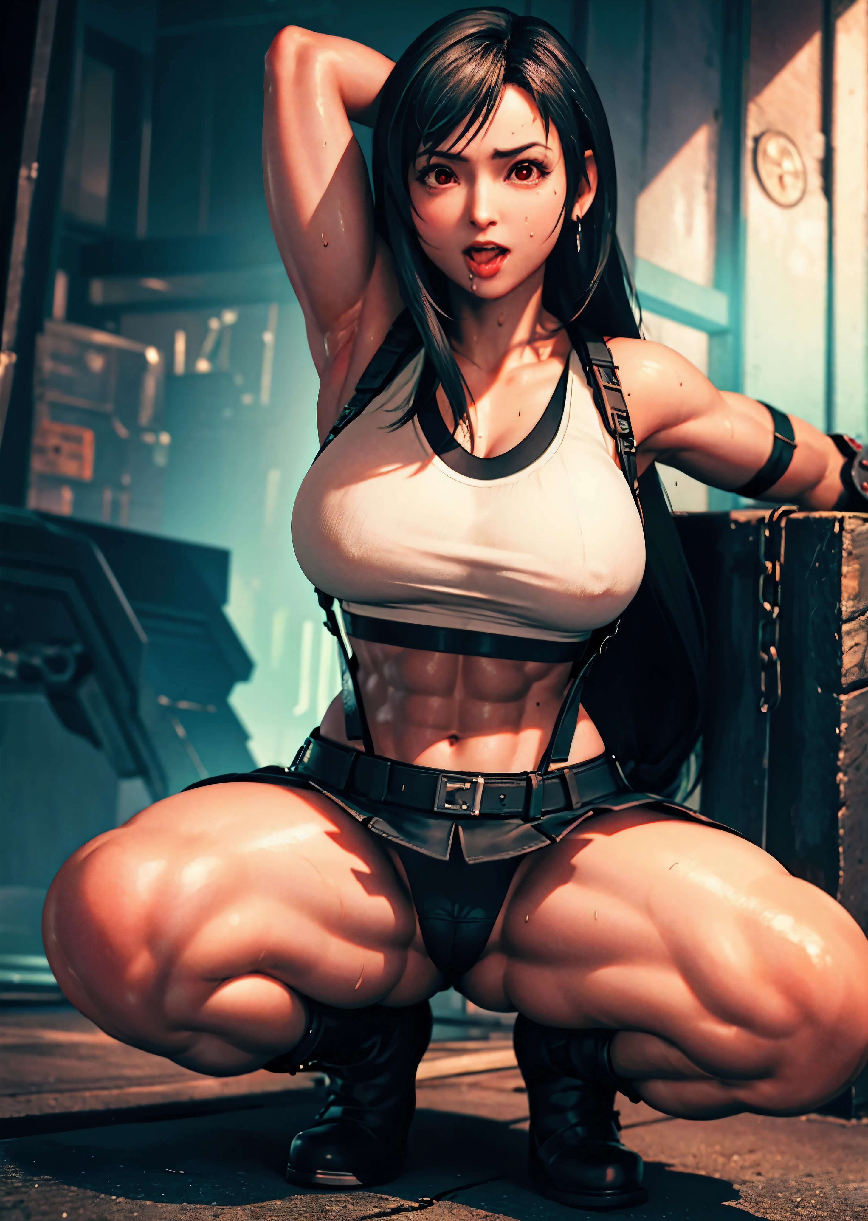 (realistic: 1.4), highest quality, very delicate and beautiful, High resolution, 1 girl, Tifa_lock heart, cowboy shot, suspenders, low rise, mini skirt, Tank top, nervous shirt, black hair, long hair, elbow bag, beautiful detailed red eyes, face light, movie lighting, belly button, High exposure, exposure of the abdomen, rib, abs, big breasts, dynamic pose, dynamic angle, (abs:1.3), (muscular:1.5), arm behind head, spread your legs, squat, (Ahegao:1.5), Sweat, restrained by chains