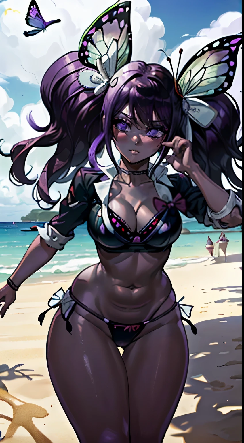 (melhor qualidade:1.3), (qualidade 4K), Shinobu Kocho by demon slayer, (((hair purple and black))), ((detailed face)), ((curvy body)), (peitos grandes), clivagem, sexy, ((thong bikini butterfly)), ((beach)), ((butterfly)),