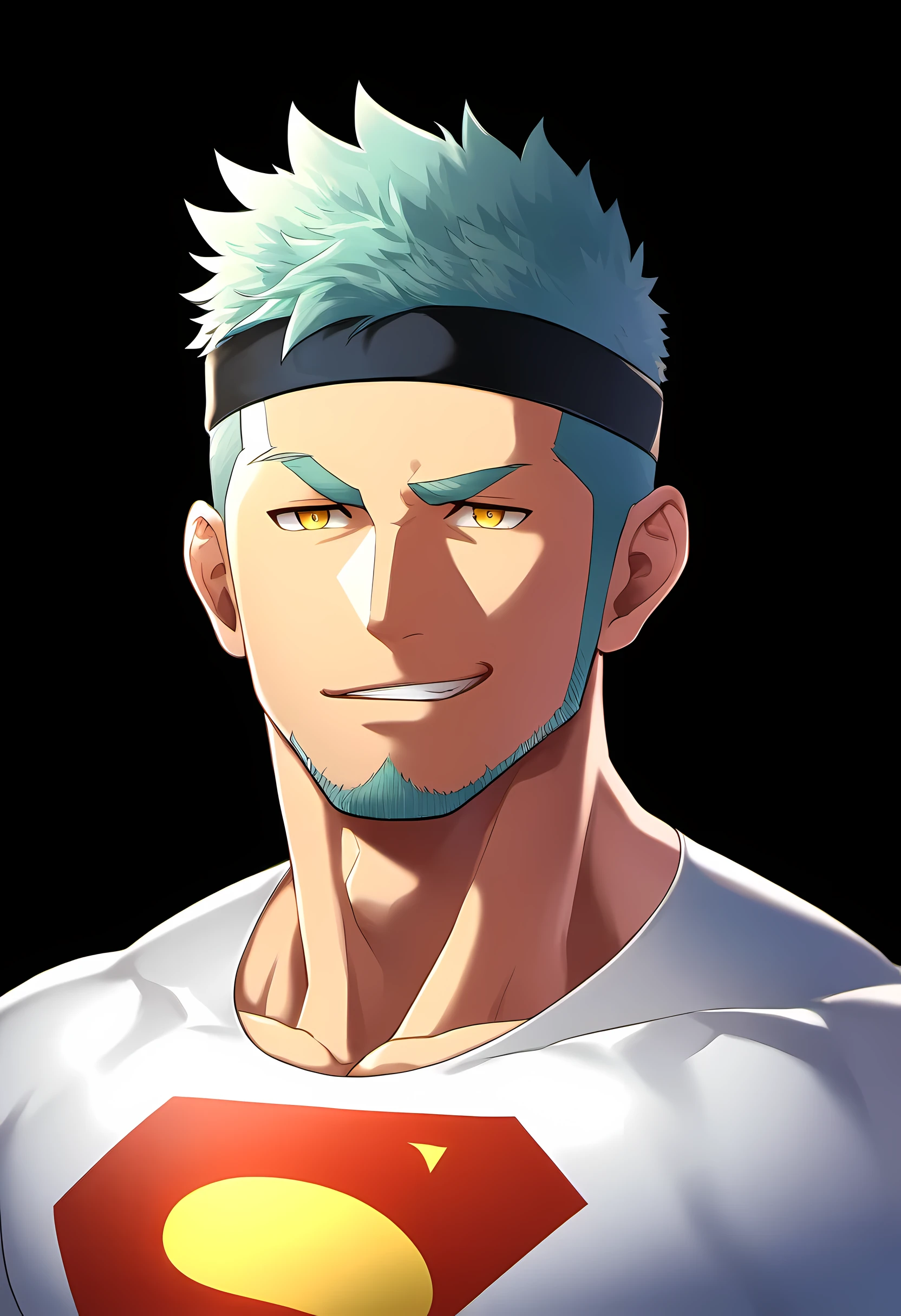anime characters：Guy, Priapus, ung muscular man, male focus, Sporty black headband, turtleneck superman tight t-shirt, superman logo, muscular male, muscular, only, Upper body, alone, white short hair, stubble, yellow eyes, blink, black background, simple background, amazing quality, best aesthetics, Ridiculous, bright pupils, short hair, naughty face, torogao, open lips, best quality