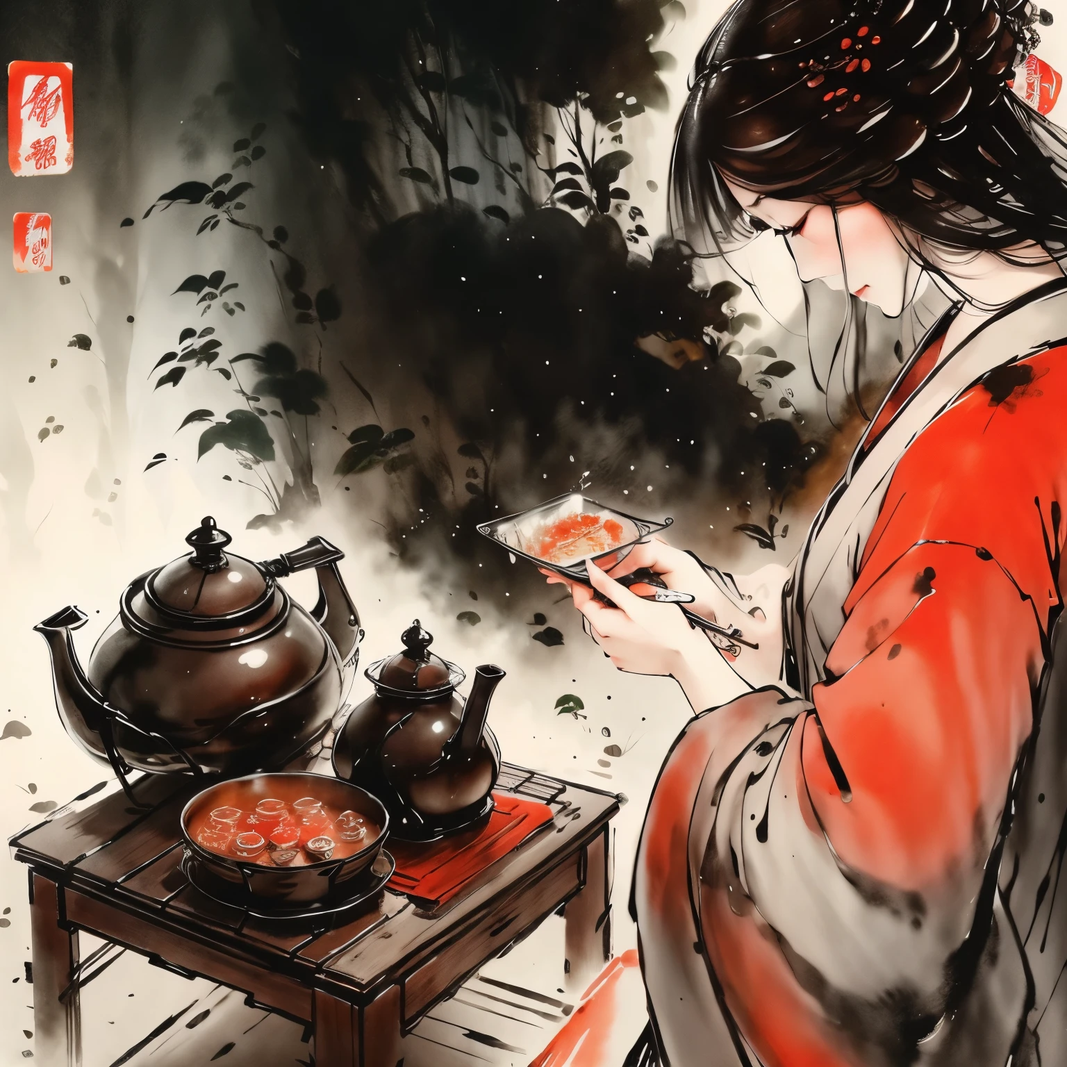 tea ceremony scene，Make tea，tea set，clear，在桌子上的tea set，pour tea，best quality，no characters