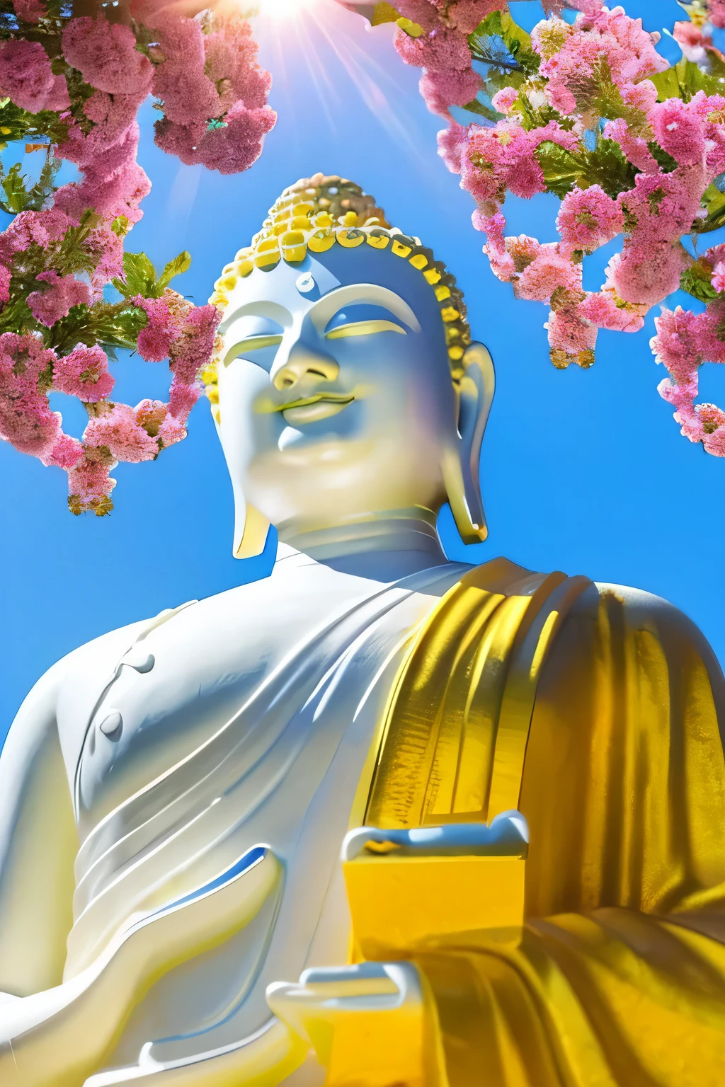 明るい背景のBuddha像　 Buddha　solo front　looking here　halo is shining　upper body only　close up of face　hold hands　Like a photograph　Amazing background full of flowers