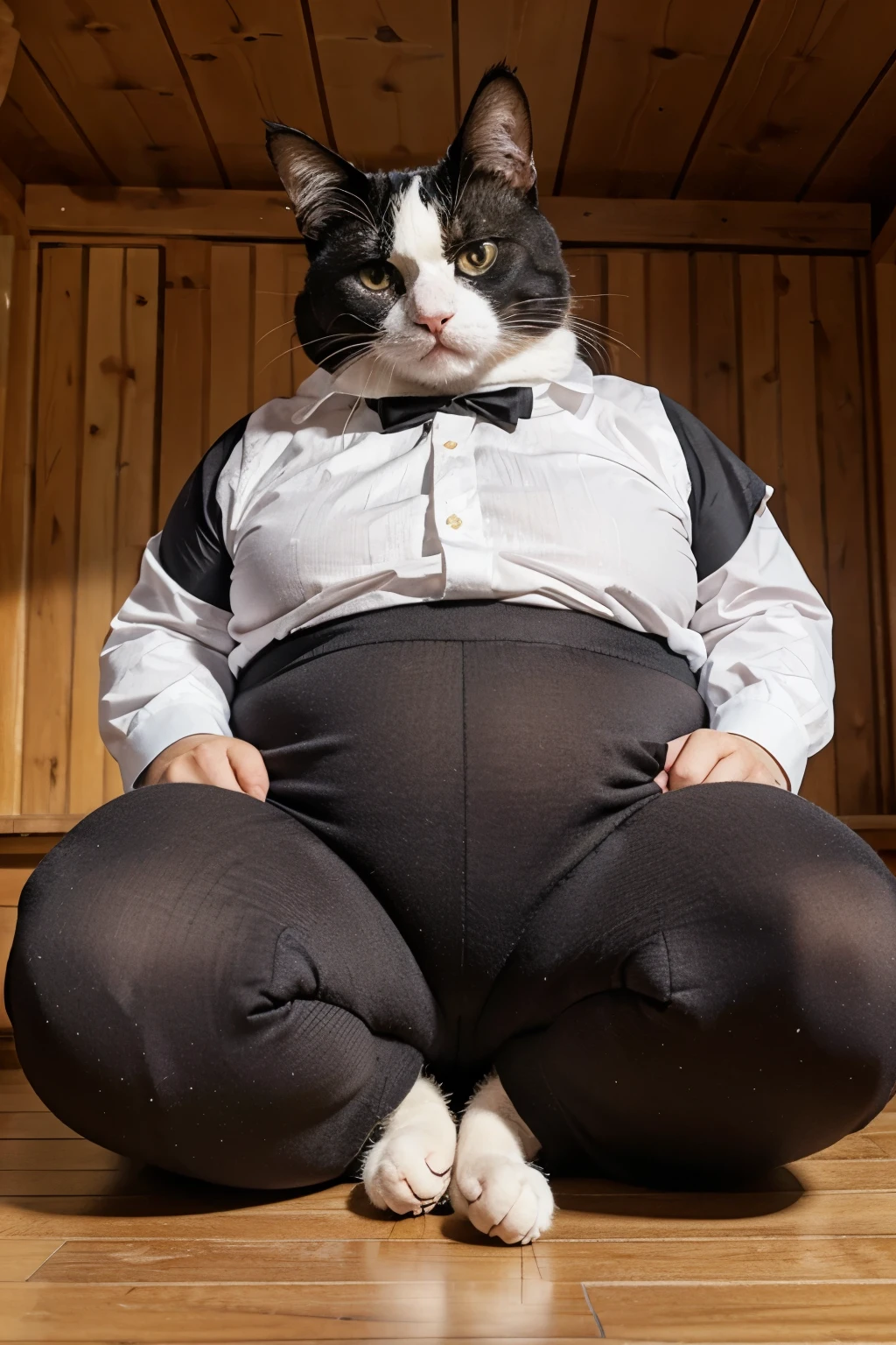 obese cat wearing outfit, act like a human
