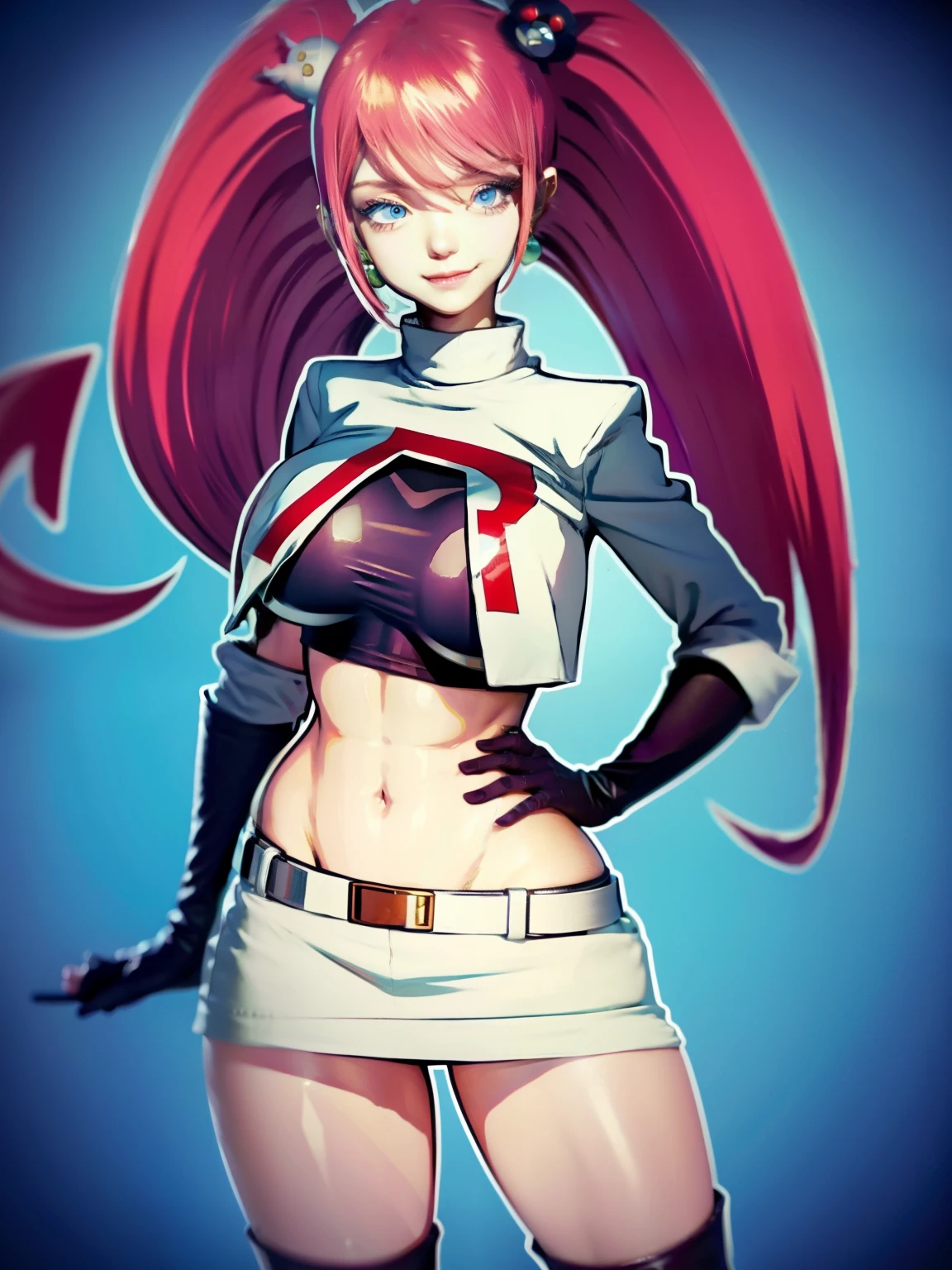 pokémo、big tits milf、big tits milf、big tits milf、Musashi、Red hair、arrogant and very selfish、Jessie Pokemon、solo、Team Rocket、gloves、all back、long hair、gem、skirt、belly button、thigh high socks、earrings、肘gloves、Team Rocketの制服、crop top、blue eyes、abdomen、white background、belt、black gloves、very long hair、simple background、smile、black stockings、purple hair、look at viewer、chest、white skirt、mini skirt