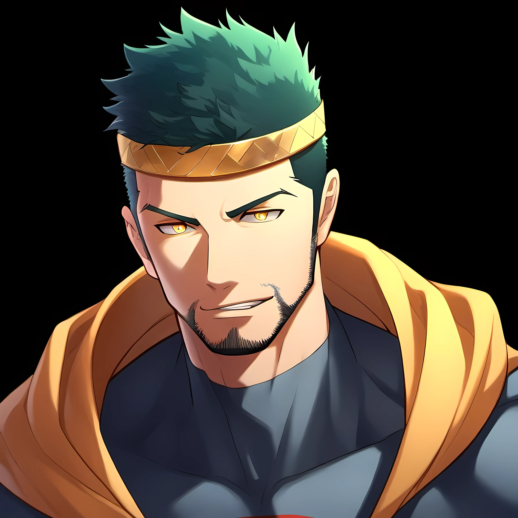 anime characters:Guy, Priapus, ung muscular man, male focus, Sporty black headband, turtleneck superman tight t-shirt, superman logo, muscular male, muscular, only, Upper body, alone, white short hair, stubble, yellow eyes, blink, black background, simple background, amazing quality, best aesthetics, Ridiculous, bright pupils, short hair, naughty face, torogao, open lips, best quality