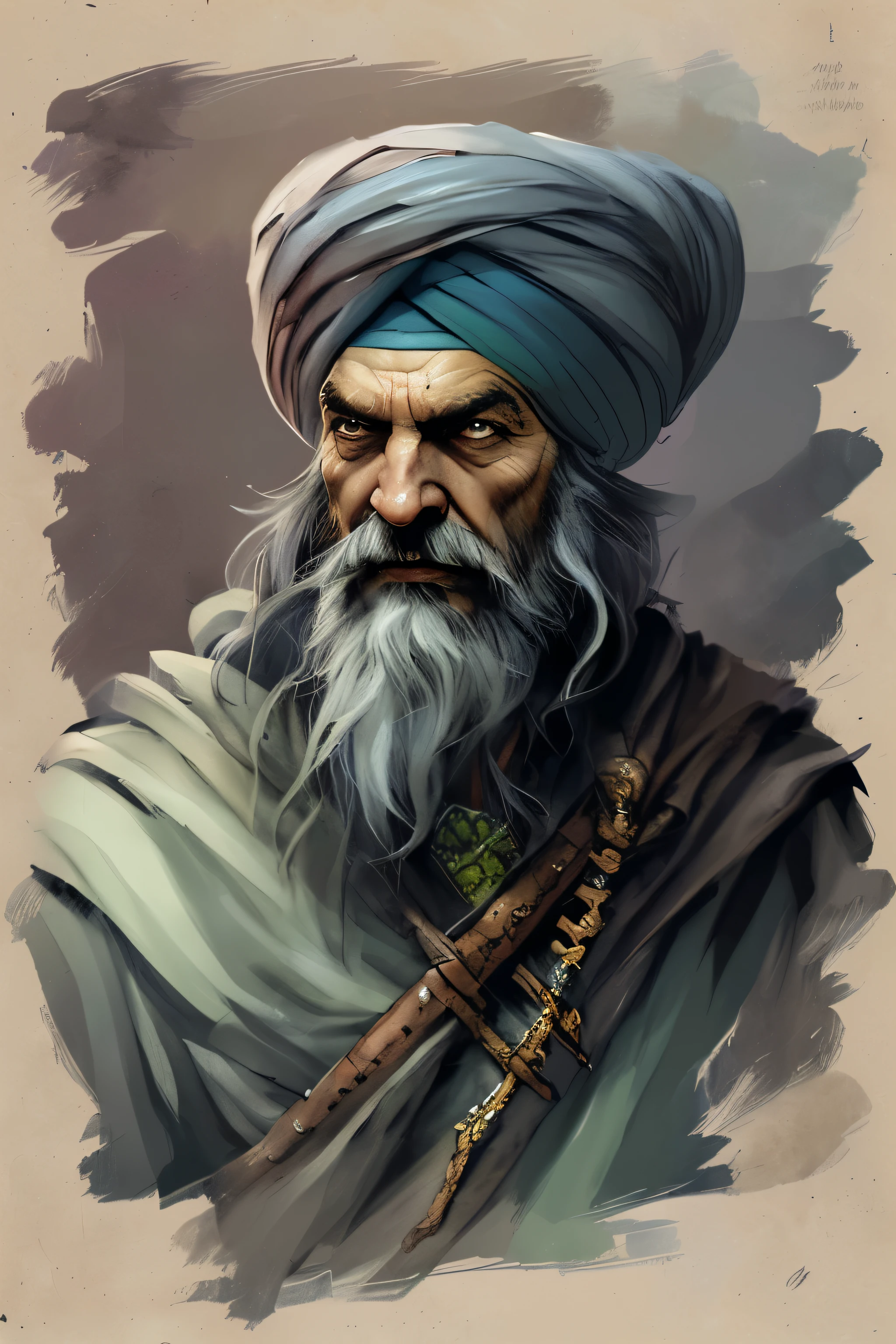 Sikh ManHigh Angle detailed ((dnd druid man portrait)), Continued , HD, (oil painting:1.1), (comic book art style:1.5),(inked outline:1.3), Stunning, Character, Portrait, (((Looking Sideways))), angular features, (dark grey Graduated Bob Hair), (muted natural colors:1.3) in painterly style by Jean Baptiste Monge