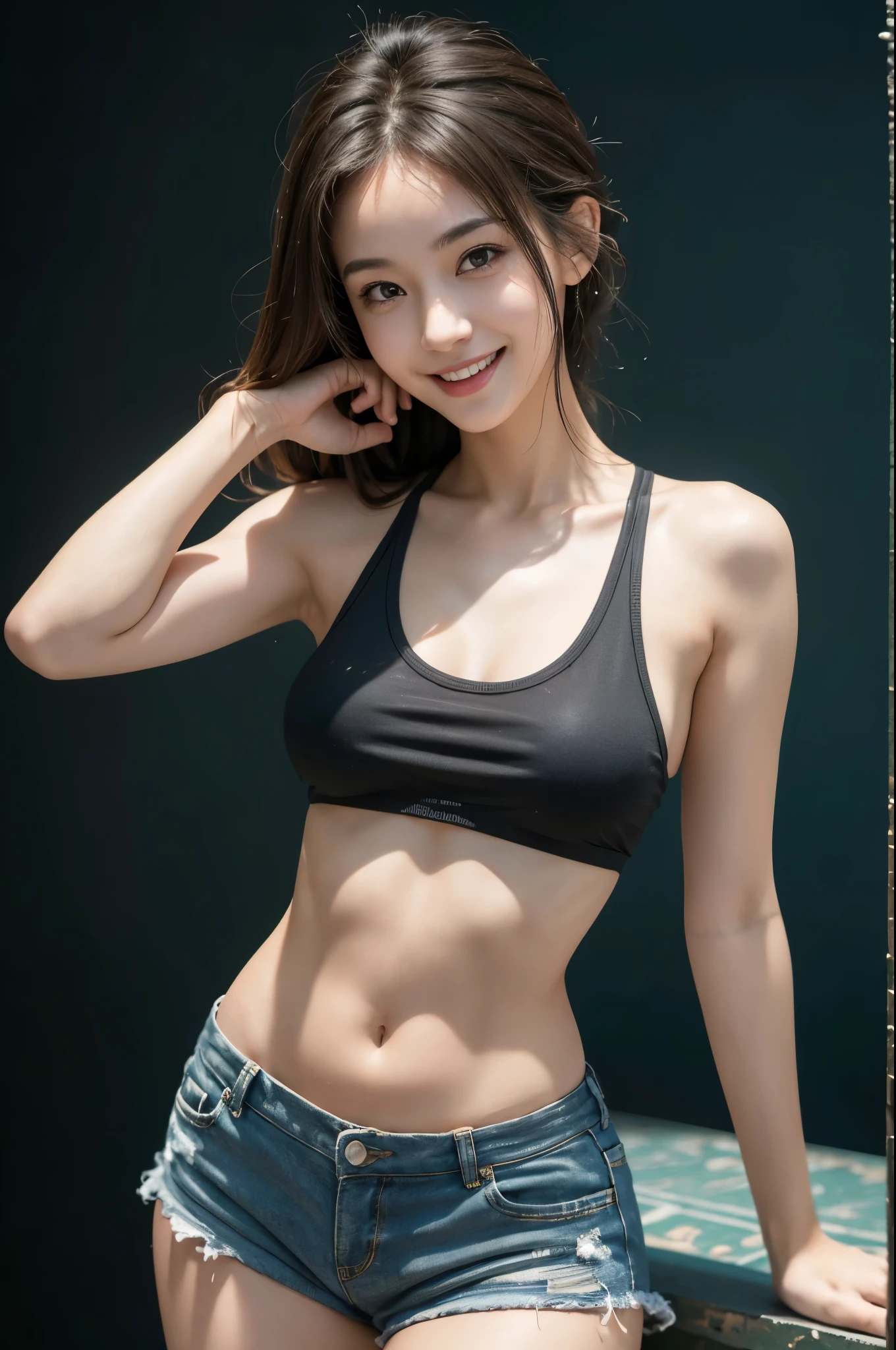 nsfw,8k,RAW photo,best quality,masterpiece:1.2),ultra detailed,ultra high res,realistic, (photo realistic:1.4),(full body shot:1),extremely detailed,beautiful girl,highly detailed background,realistic,slim,,black tank underboob,shorts,smiling,happy,small breasts,(studios background:1.5),sexy poses,